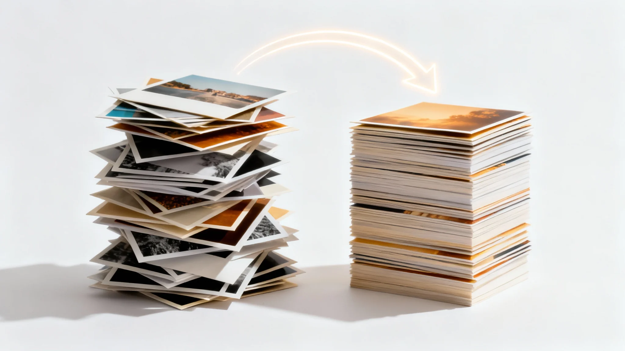 A visual metaphor for batch image conversion, showing a messy stack of various photographs being transformed into a neat, uniformly formatted stack, symbolizing efficiency.