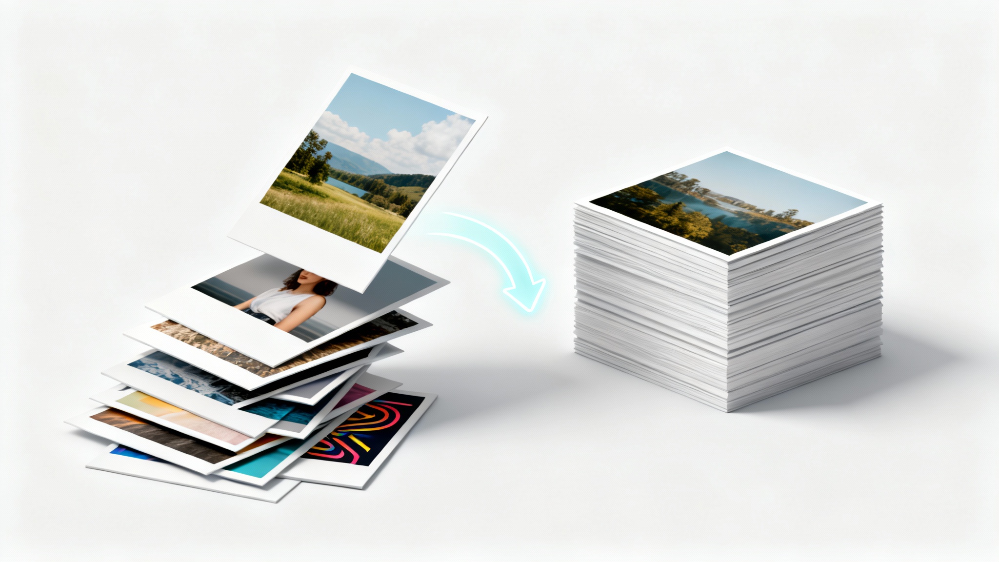 A 3D illustration symbolizing batch image conversion, showing a messy stack of photos being transformed into a neat, uniform stack.