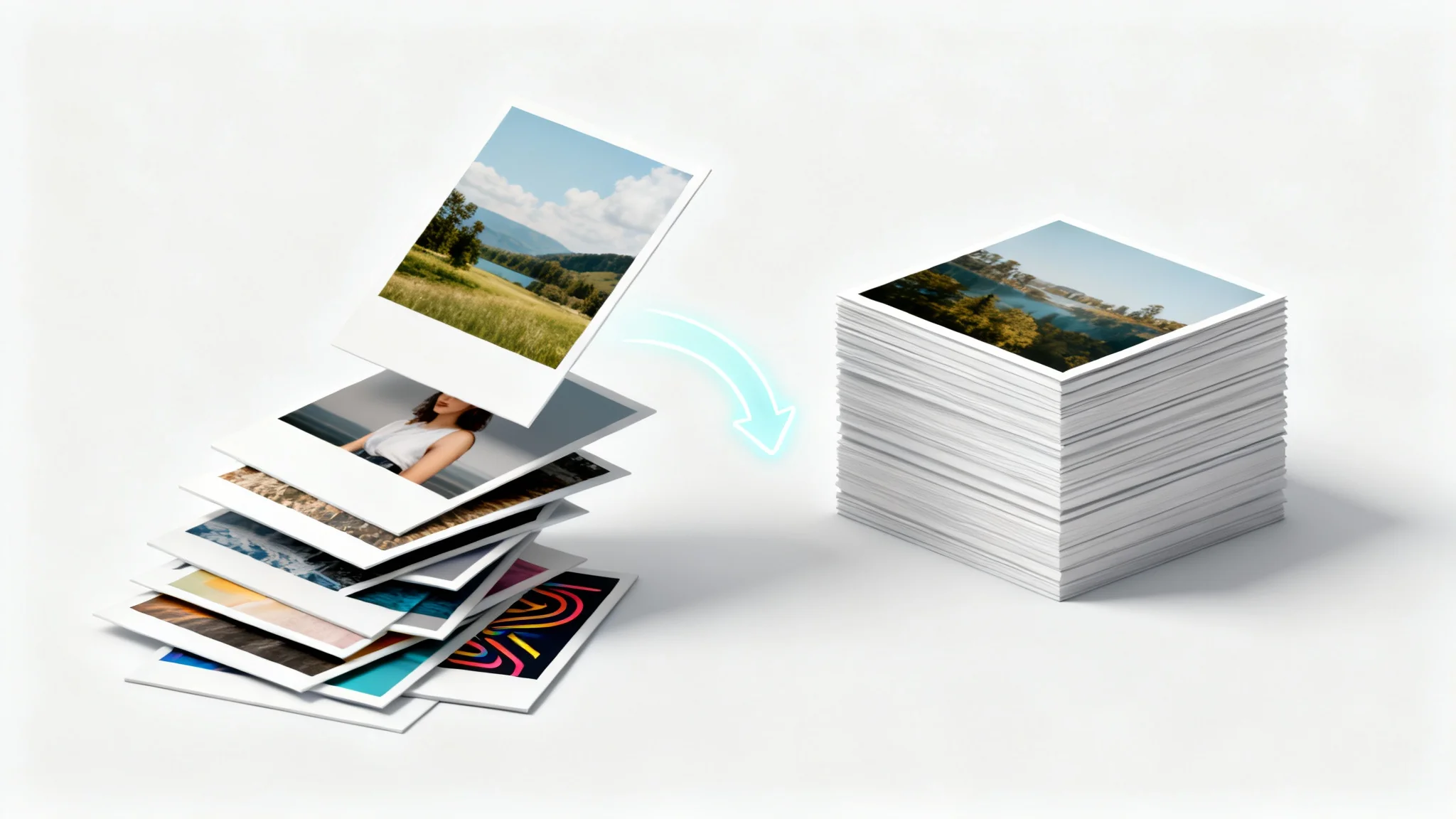 A 3D illustration symbolizing batch image conversion, showing a messy stack of photos being transformed into a neat, uniform stack.