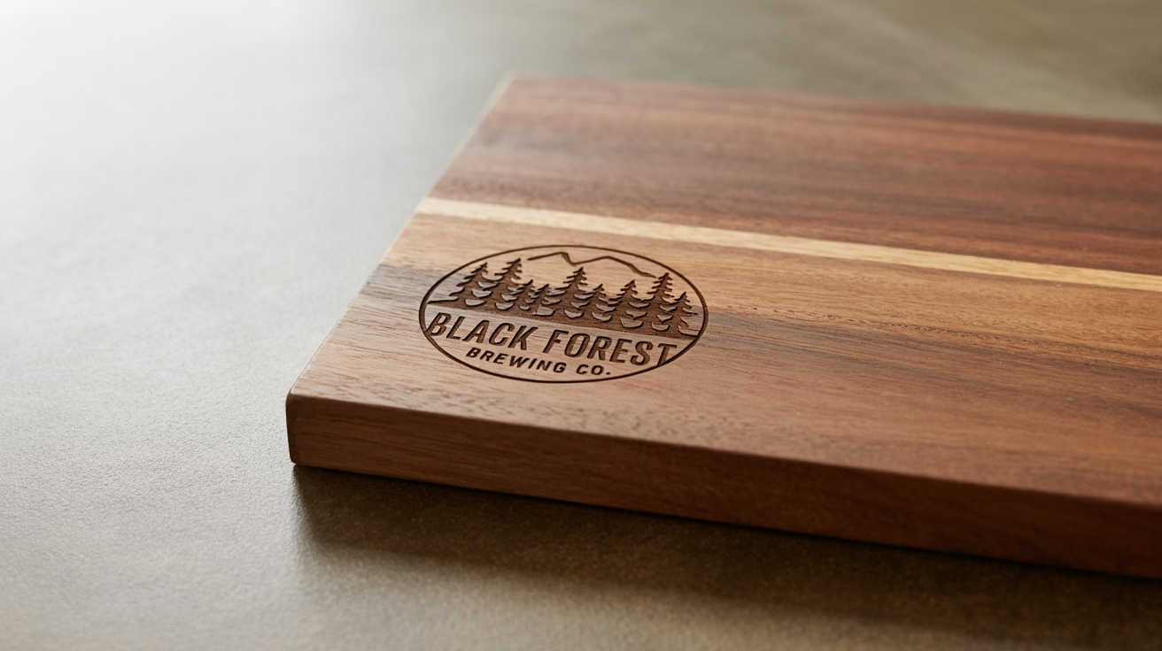 A photorealistic hero image displaying the result of a wood engraving mockup. A detailed logo for 'Black Forest Brewing Co.' is shown beautifully engraved onto a piece of dark wood, placed on a slate surface.