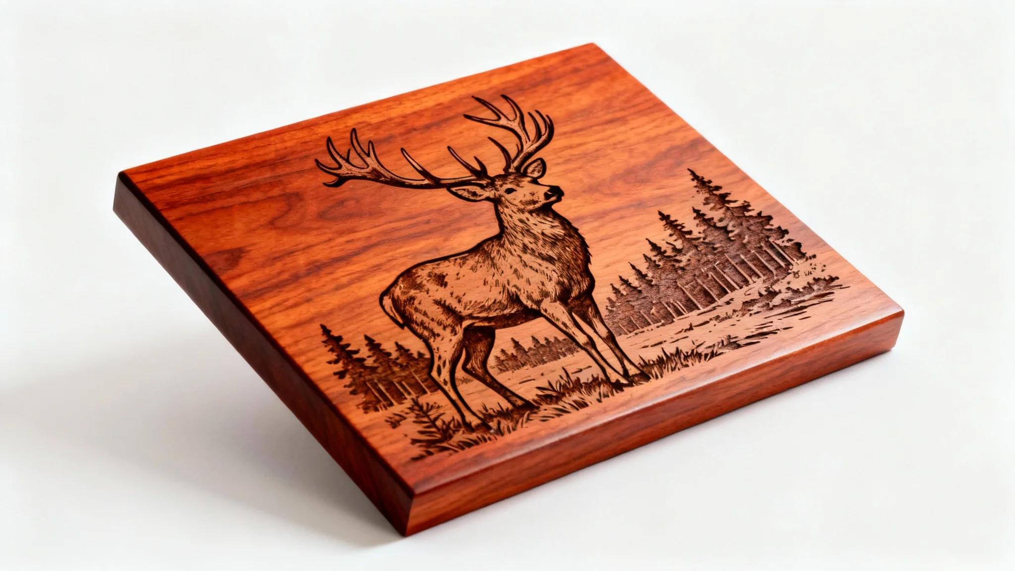 A realistic mockup of a rectangular cherry wood plaque featuring a detailed laser engraving of a deer in a forest, set against a plain white background.