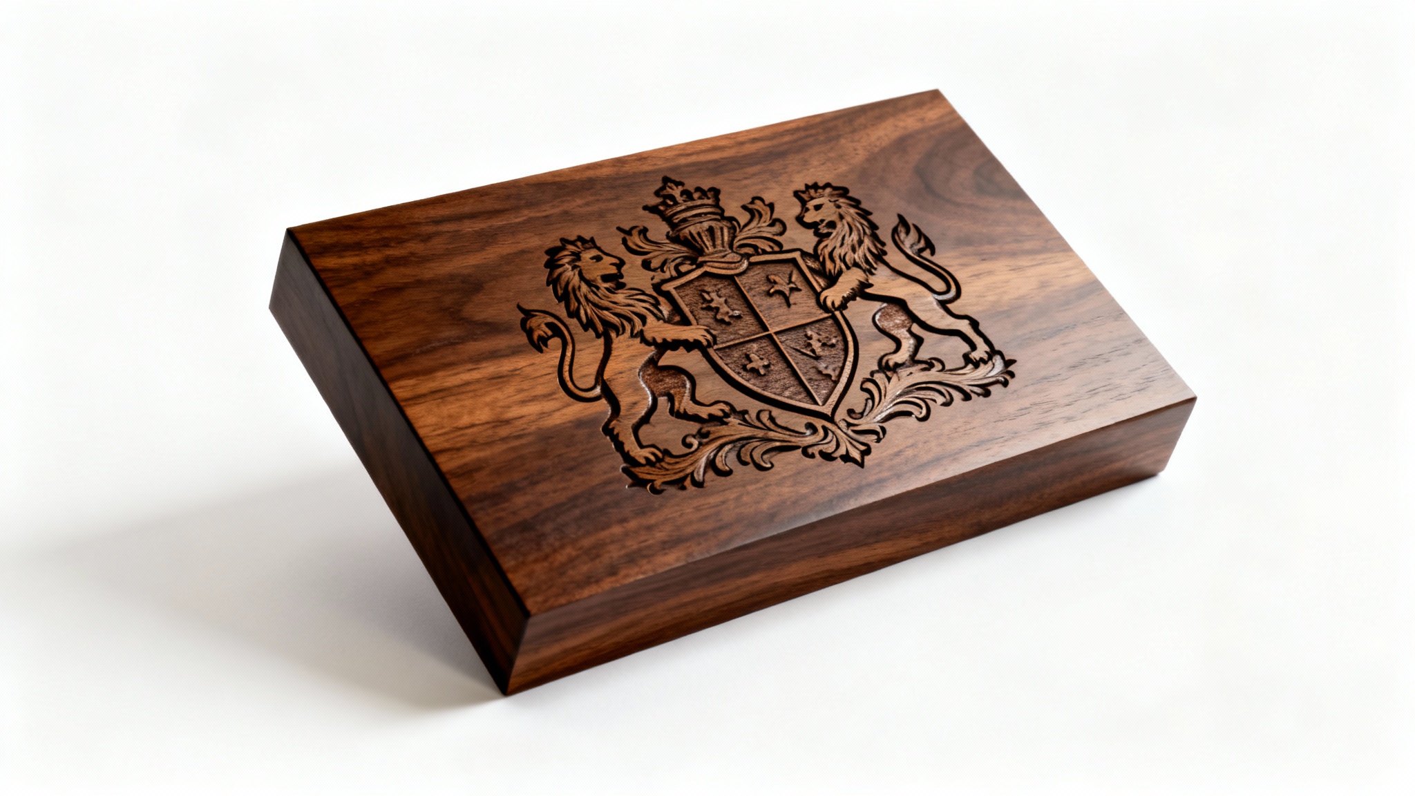A photorealistic mockup of a detailed coat of arms engraved onto a dark walnut wood plaque, shown at an angle on a white background.