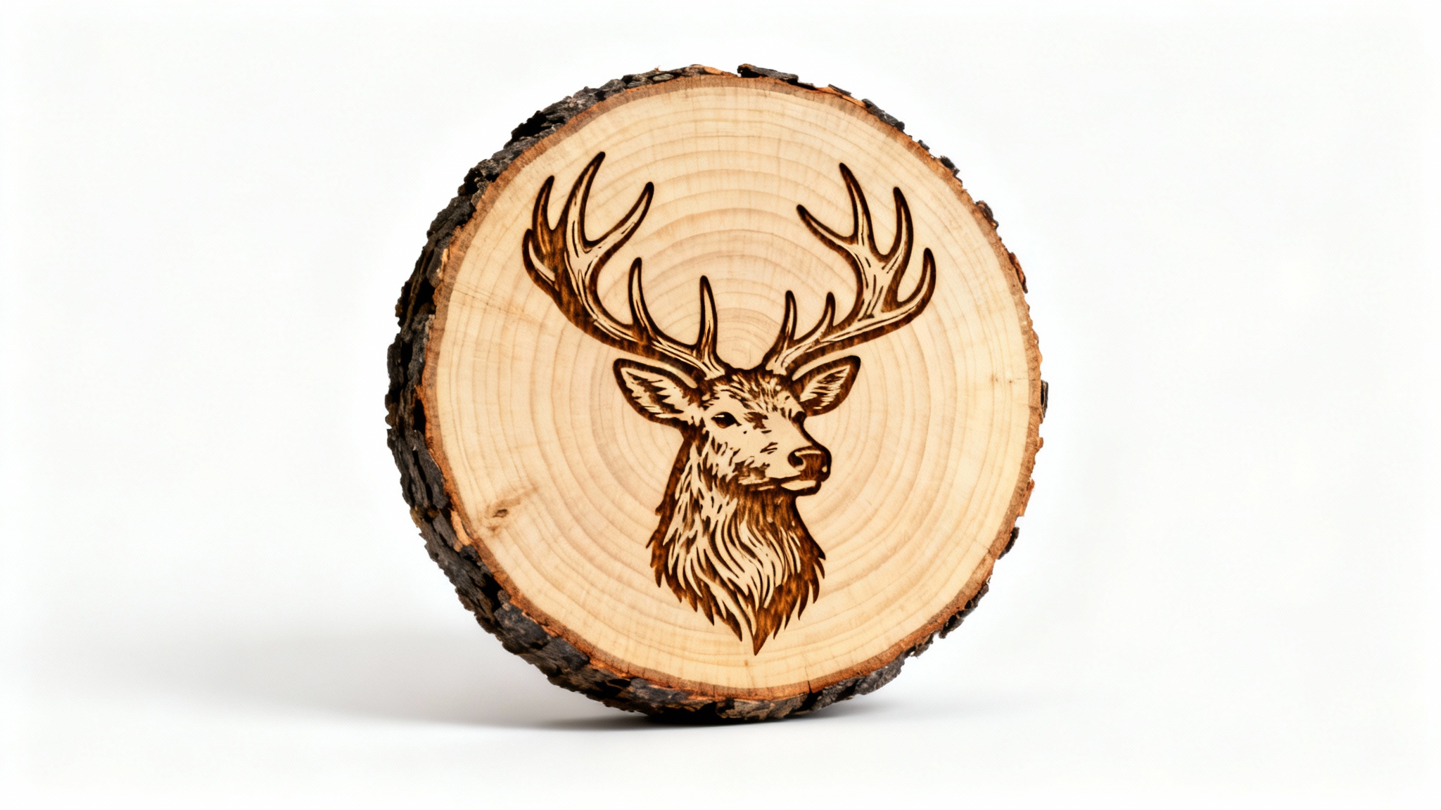 A photorealistic mockup of a rustic wood slice with a detailed laser engraving of a stag's head, set against a clean white background.