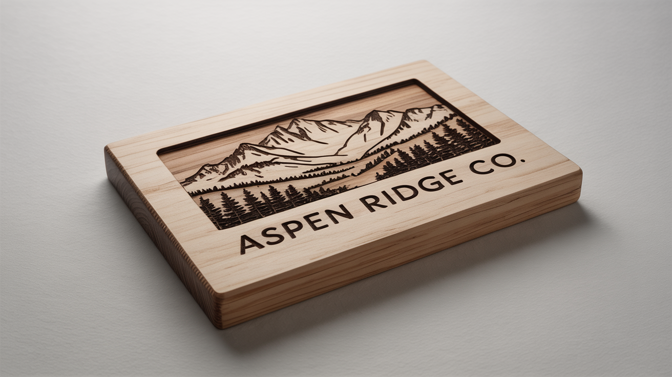 A professional product mockup of a rectangular piece of light-colored wood engraved with a detailed mountain and forest scene, with the text 'Aspen Ridge Co.' below it, all set against a clean white background.