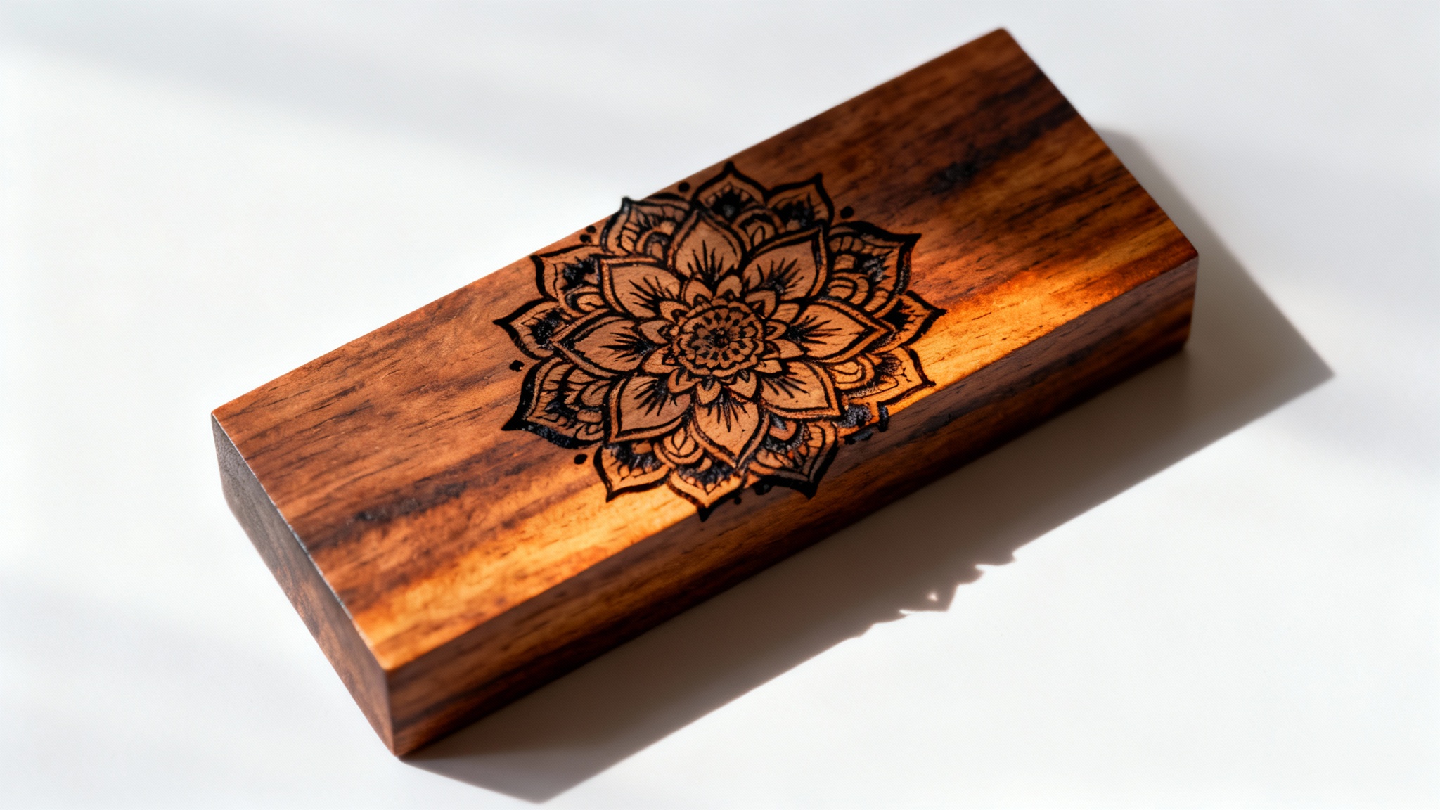 A photorealistic mockup of a rectangular walnut wood block with a highly detailed, laser-engraved floral mandala, displayed on a clean white background.