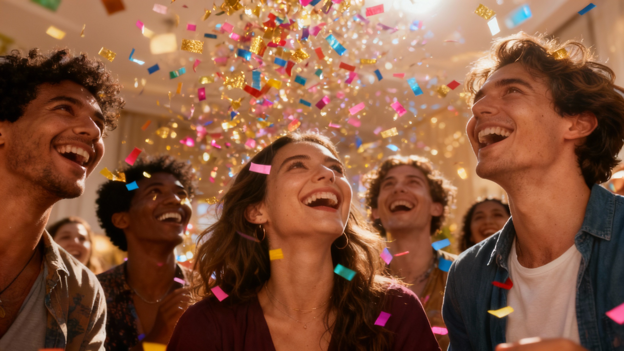 A high-quality, eye-catching photo showing a group of happy people celebrating as a realistic overlay of colorful confetti rains down around them.