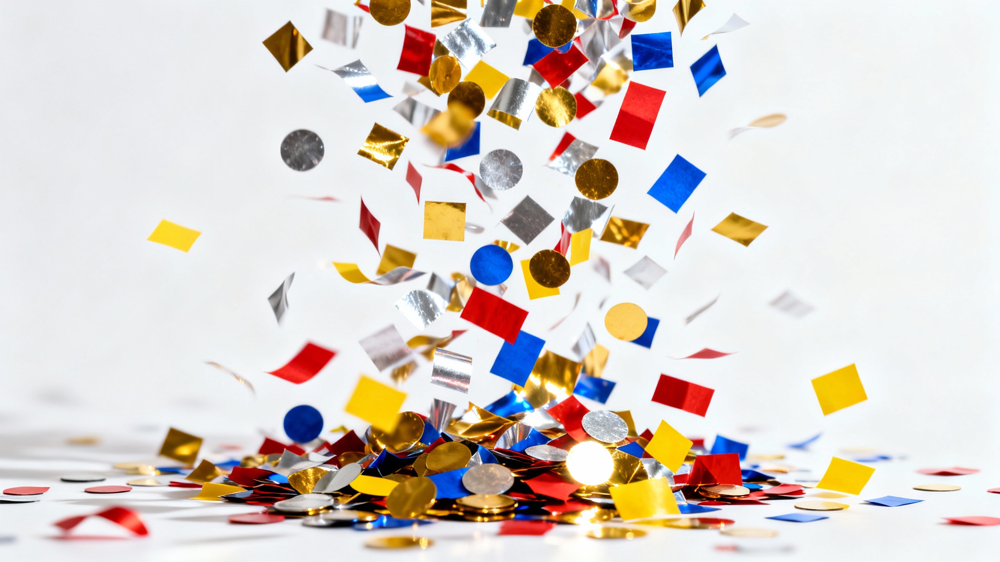 A vibrant explosion of colorful metallic and paper confetti is frozen in mid-air against a stark white background, creating a festive and celebratory overlay effect.