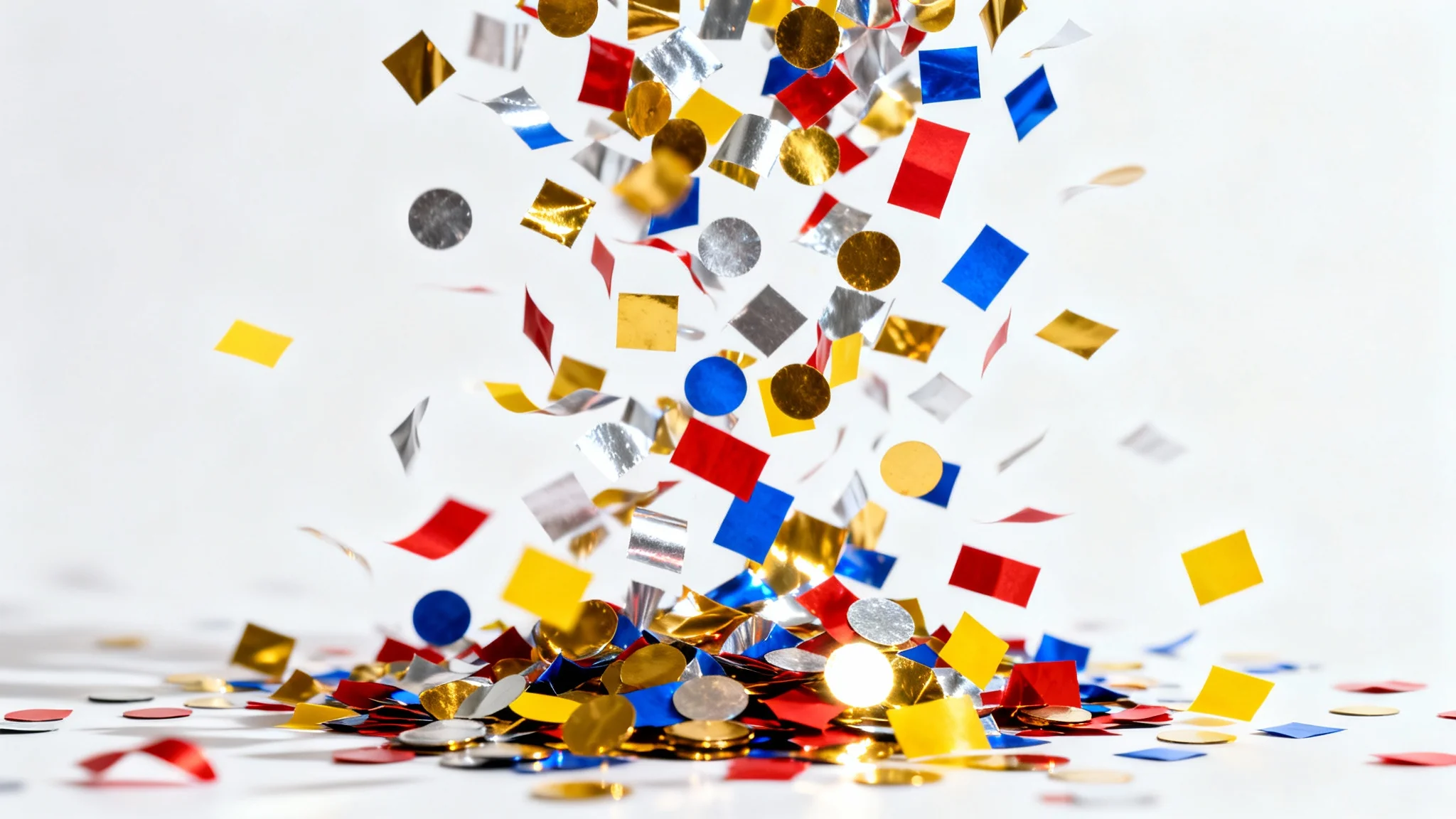 A vibrant explosion of colorful metallic and paper confetti is frozen in mid-air against a stark white background, creating a festive and celebratory overlay effect.