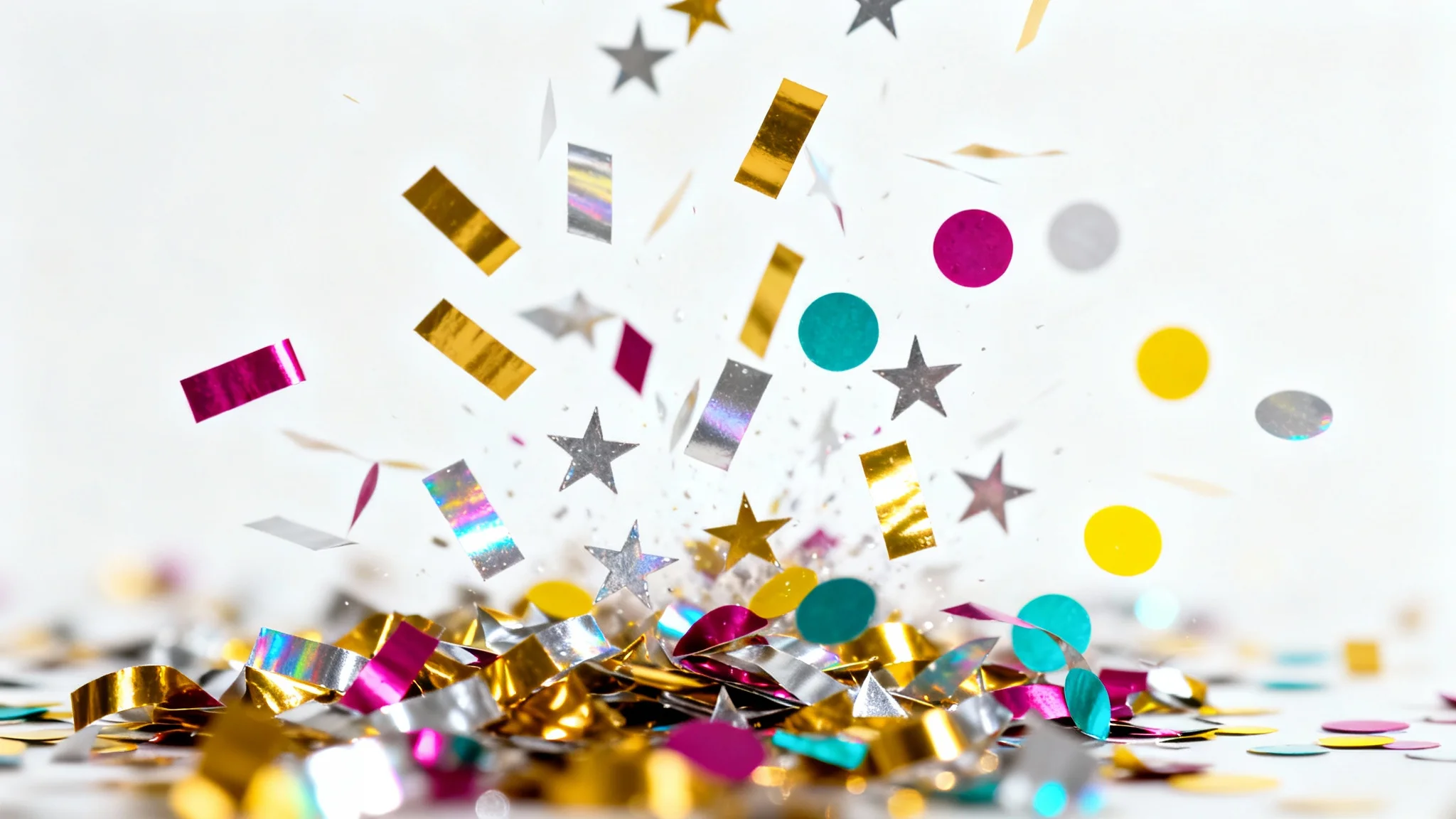 A festive explosion of colorful confetti, including metallic gold and silver pieces, captured in mid-air against a stark white background, creating a sense of celebration and joy.