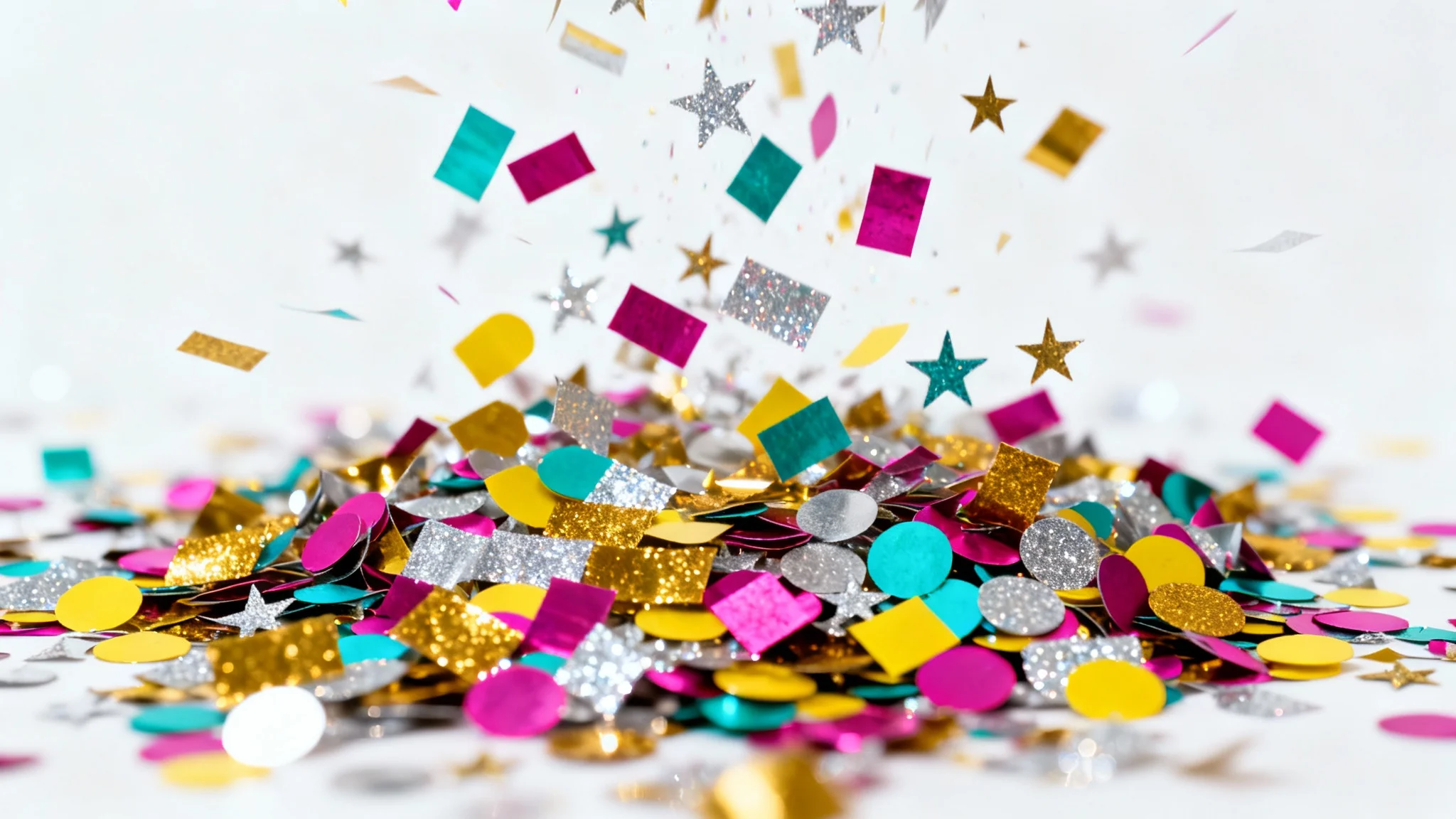 A vibrant explosion of colorful metallic and matte confetti frozen in mid-air against a plain white background, creating a celebratory and festive scene.