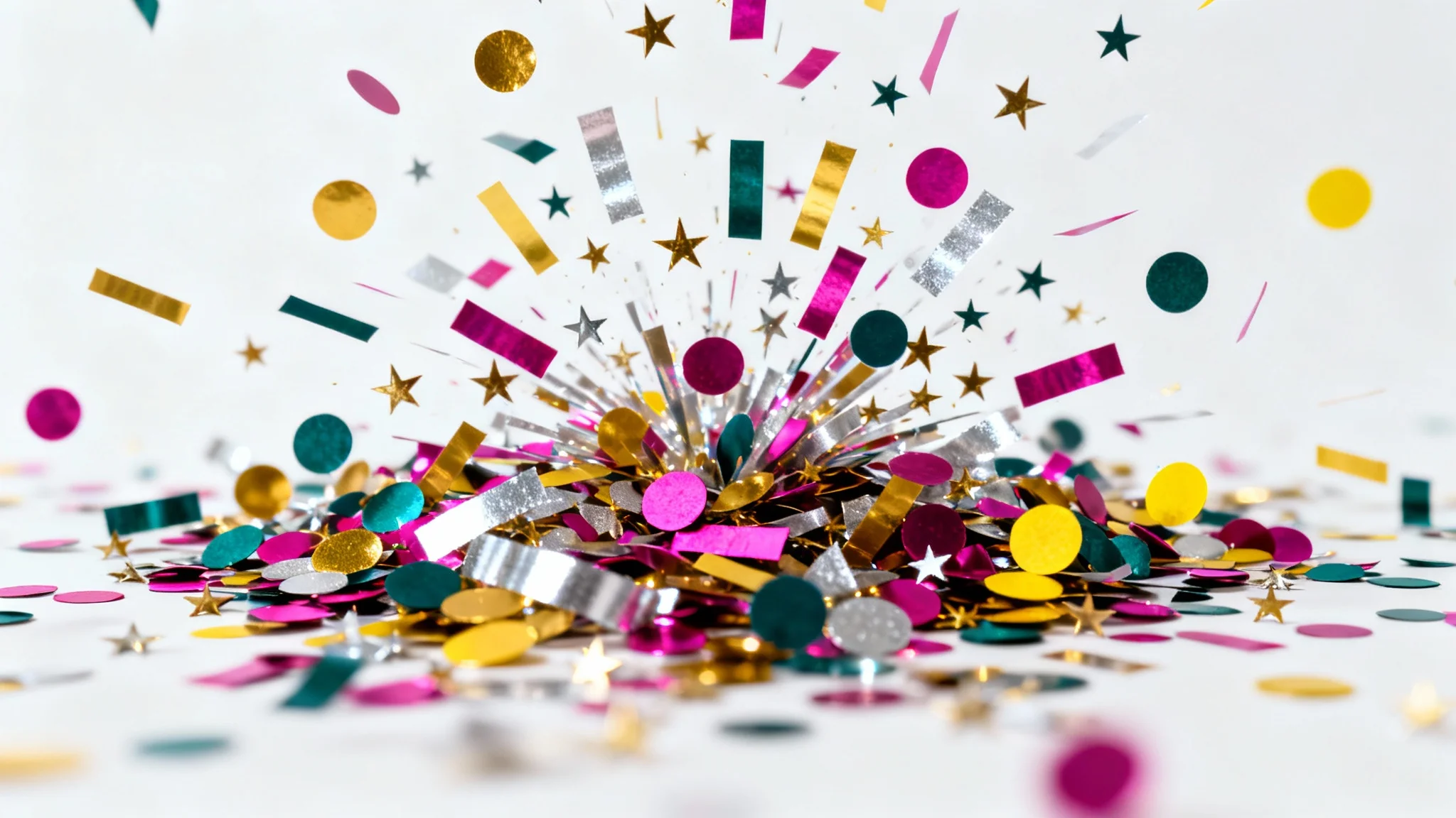 A vibrant explosion of multicolored confetti, including metallic gold and shiny paper shapes, frozen mid-air against a plain white background, symbolizing celebration.
