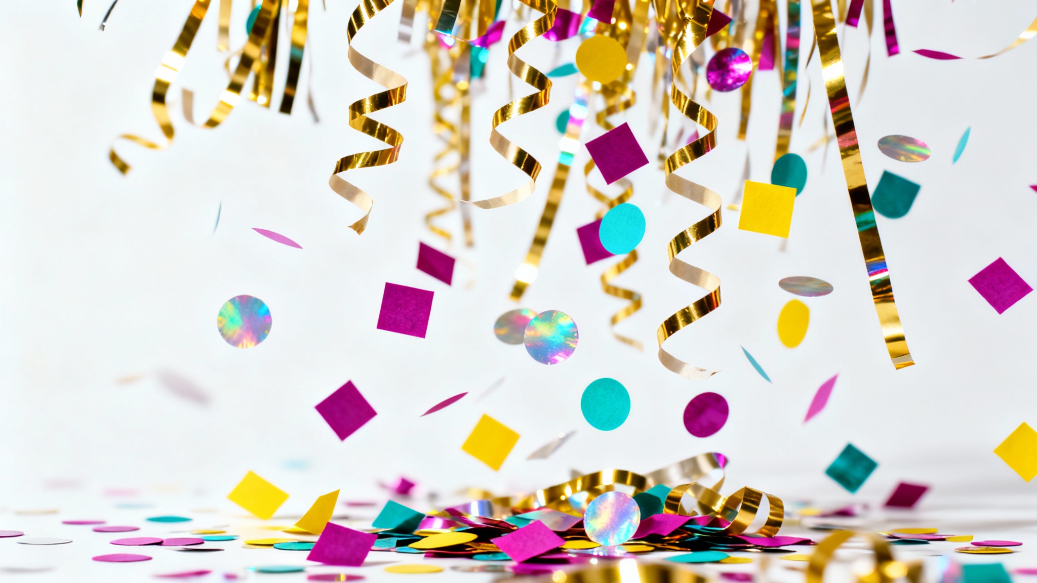 A vibrant shower of multi-colored confetti, including metallic streamers and paper shapes, frozen in mid-air against a plain white background, creating a festive and celebratory scene.