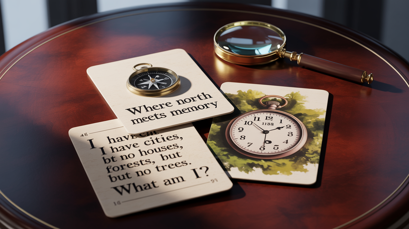 Three professionally designed clue cards for a mystery game, displayed on a dark wooden table with a magnifying glass, representing a final puzzle design.