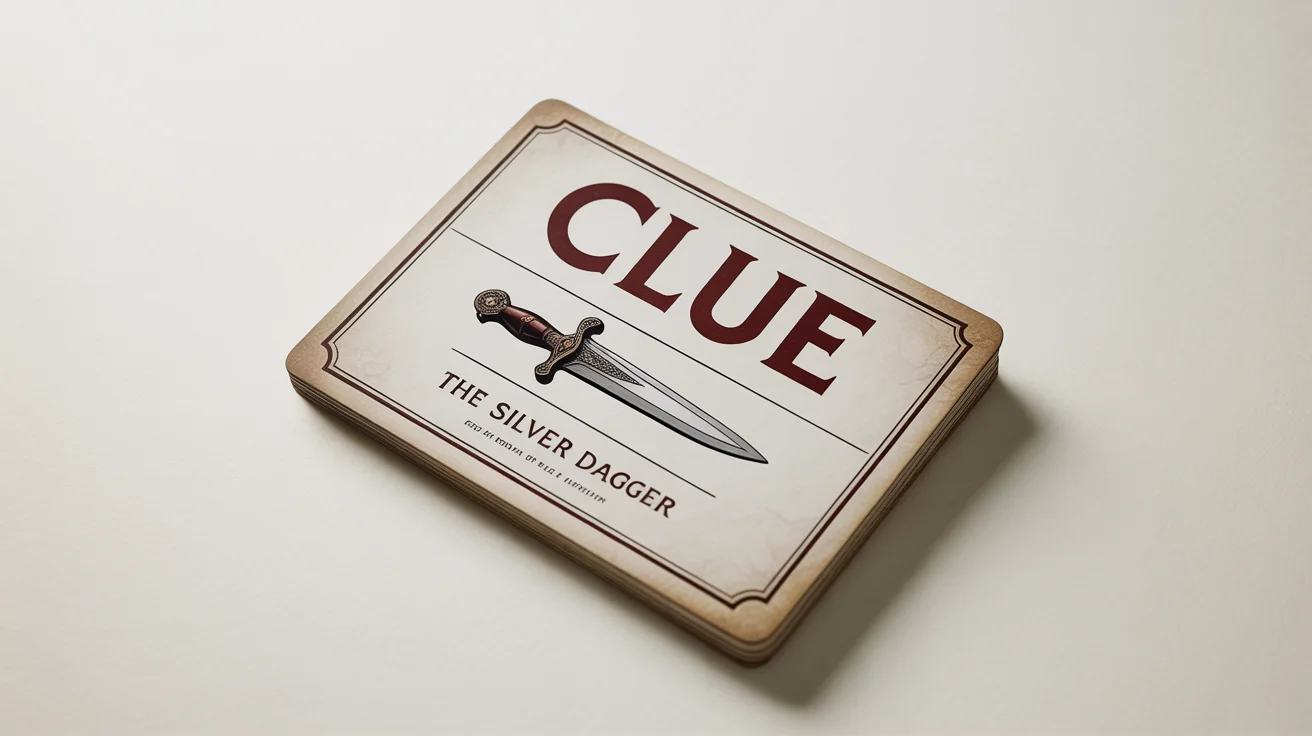 A mockup of a classic clue card for a mystery game, featuring an illustration of a silver dagger and the words 'CLUE' and 'The Silver Dagger' on a white background.