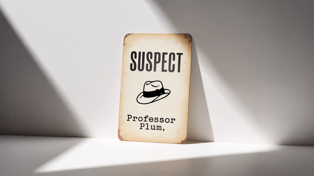 A photorealistic mockup of a vintage clue card for a mystery game. The card is titled 'SUSPECT' and features an illustration of a fedora, with the name 'Professor Plum' written below it, all on a clean white background.