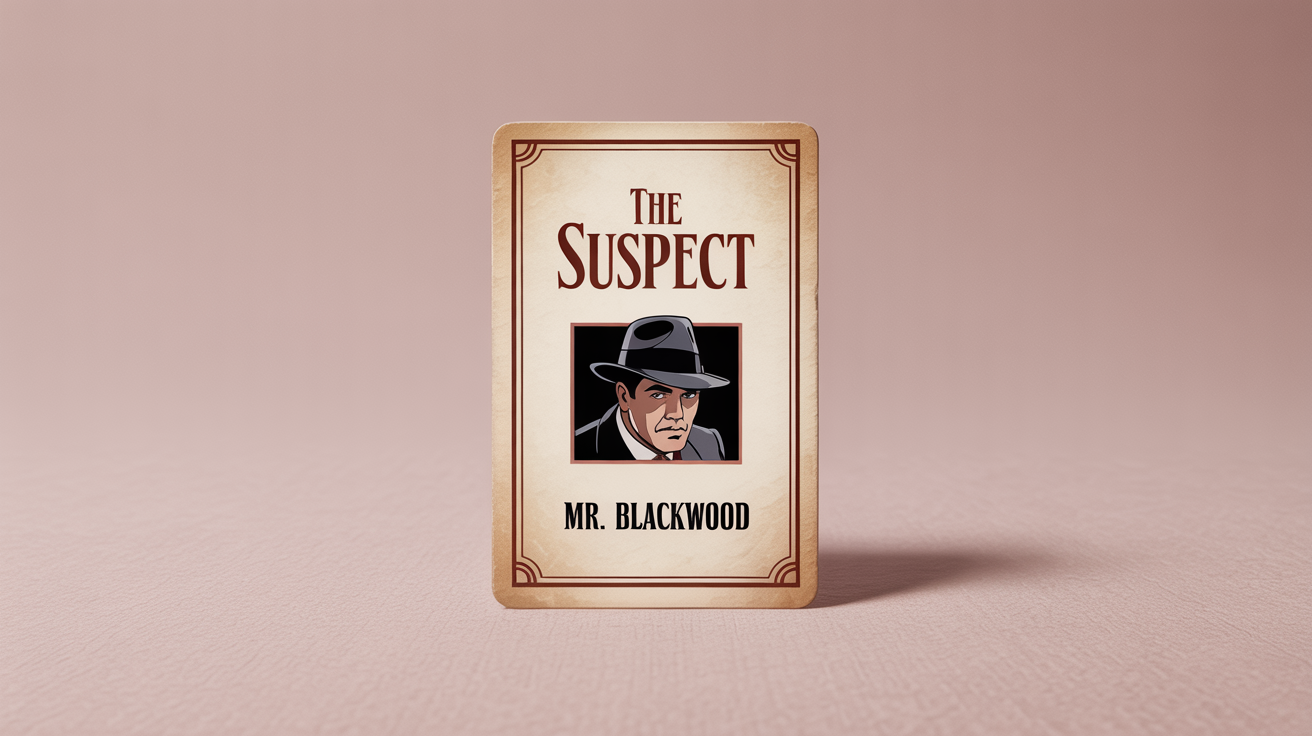 A mockup of a clue card for a mystery game, shown on a white background. The card, titled 'THE SUSPECT', features an illustration of a mysterious figure and the name 'MR. BLACKWOOD'.