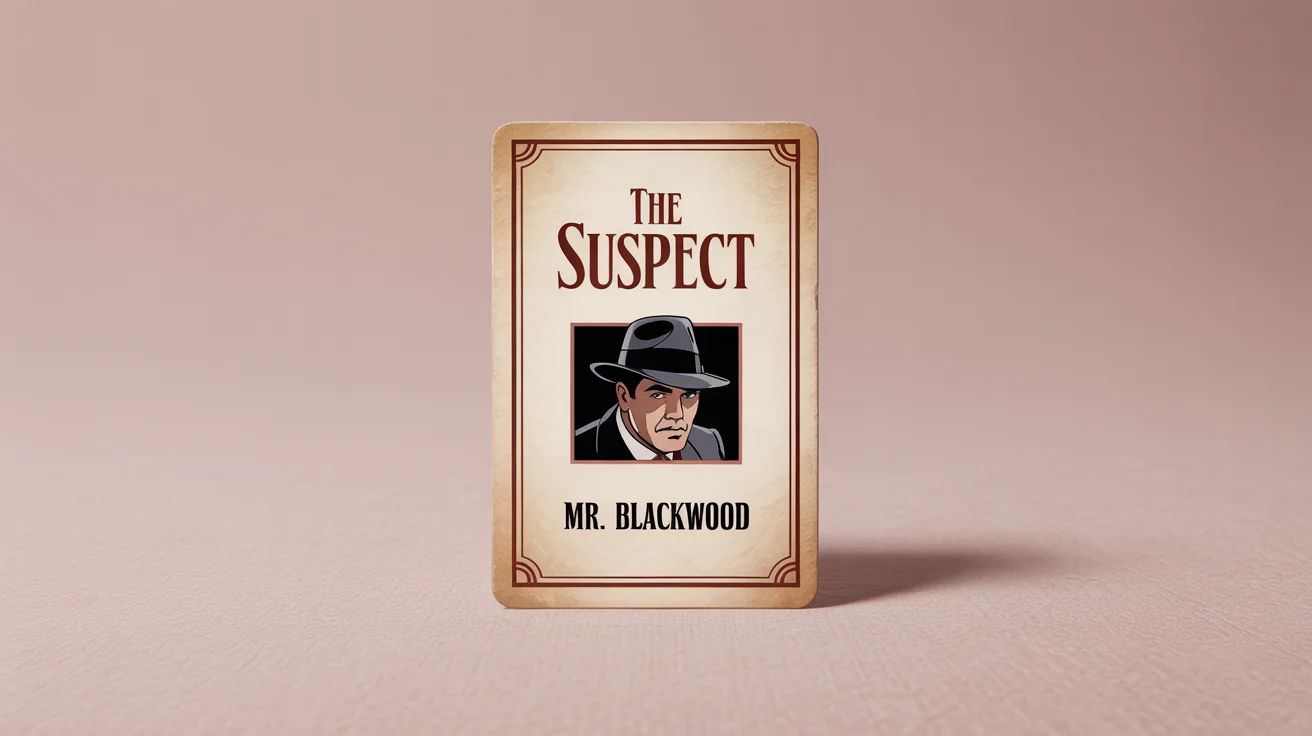 A mockup of a clue card for a mystery game, shown on a white background. The card, titled 'THE SUSPECT', features an illustration of a mysterious figure and the name 'MR. BLACKWOOD'.