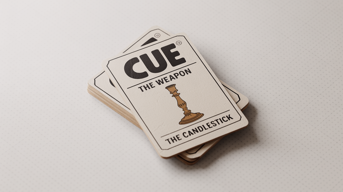 A mockup of a clue card for a detective game. The card features a vintage candlestick illustration and is titled 'THE WEAPON' with the specific clue named 'The Candlestick'.
