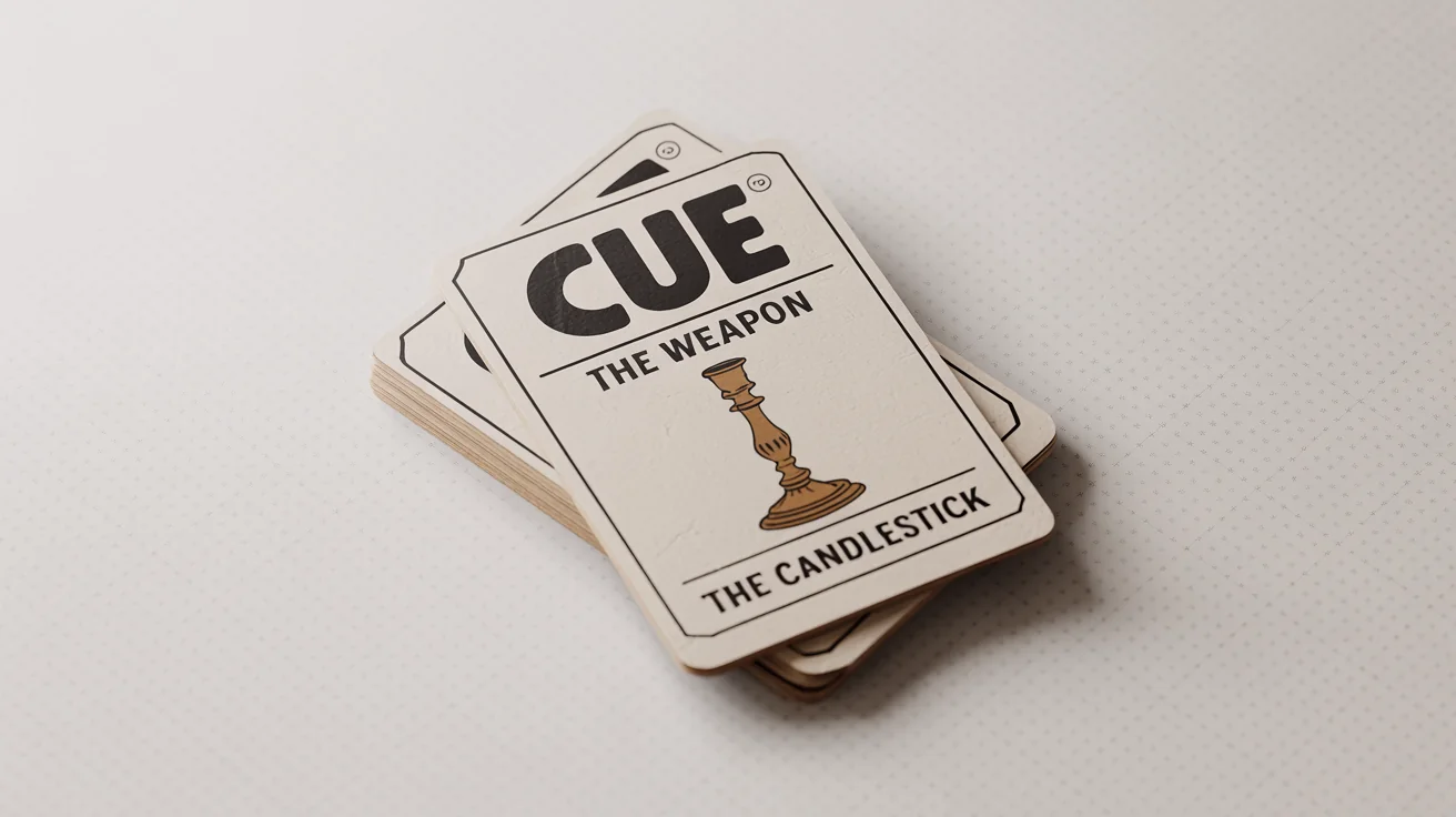 A mockup of a clue card for a detective game. The card features a vintage candlestick illustration and is titled 'THE WEAPON' with the specific clue named 'The Candlestick'.