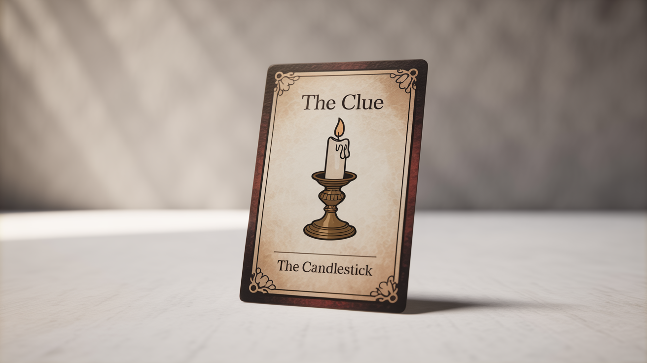 A high-quality mockup of a mystery game clue card showing a vintage candlestick illustration. The card is titled 'The Clue' and labeled 'The Candlestick' on a clean white background.
