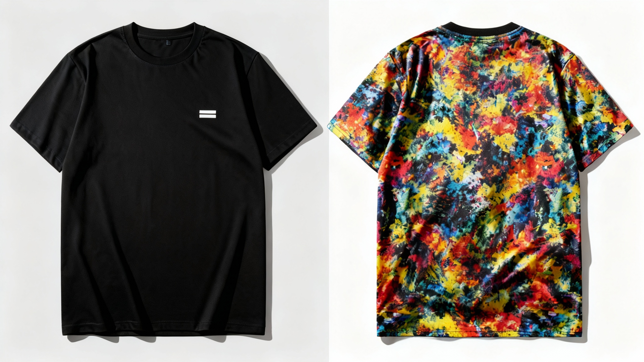 A high-quality mockup showing the front and back of a black t-shirt. The front has a small white logo on the chest, and the back is covered with a large, colorful abstract design.