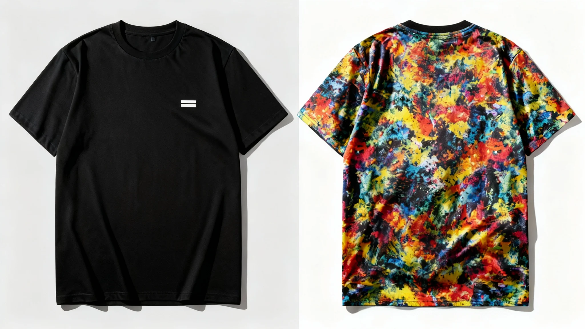 A high-quality mockup showing the front and back of a black t-shirt. The front has a small white logo on the chest, and the back is covered with a large, colorful abstract design.