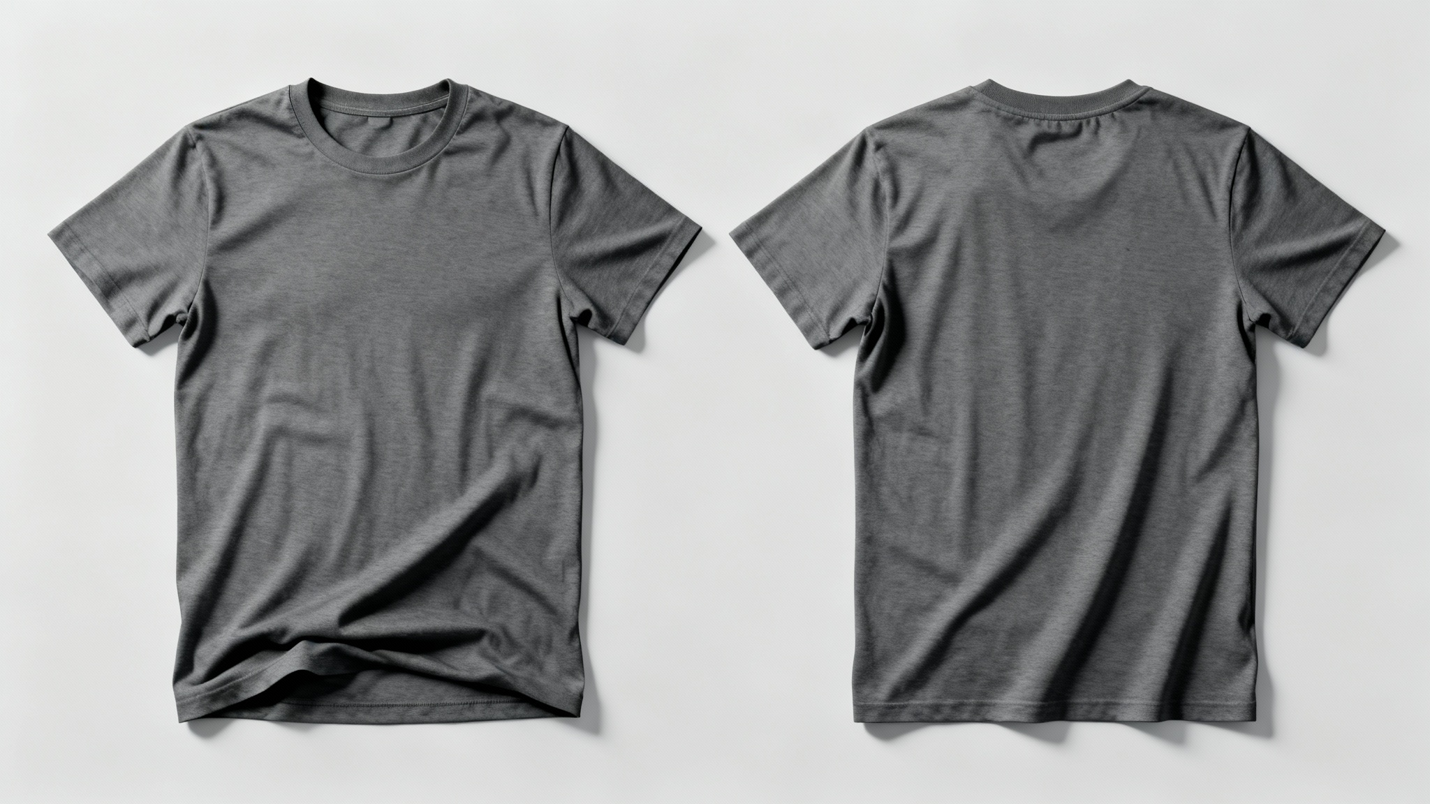 A photorealistic mockup displaying the front and back of a blank charcoal gray t-shirt, laid flat side-by-side on a clean, light-colored background.