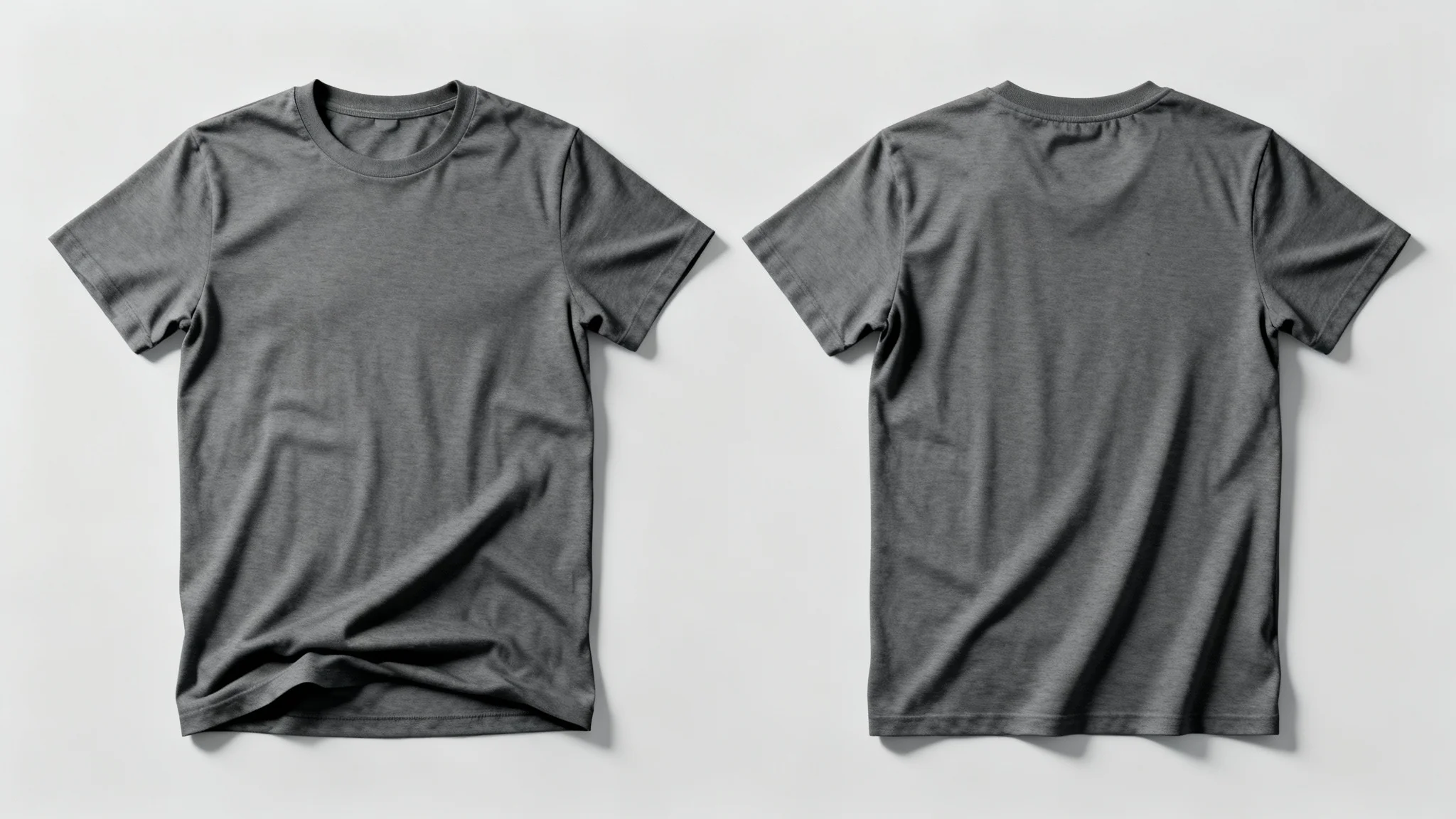 A photorealistic mockup displaying the front and back of a blank charcoal gray t-shirt, laid flat side-by-side on a clean, light-colored background.
