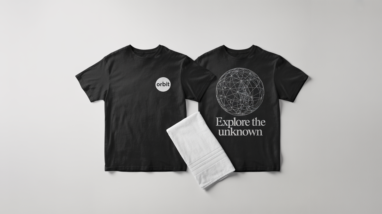 A product mockup displaying the front and back of a black t-shirt. The front has a small logo with the word 'ORBIT', and the back features a large solar system graphic with the text 'EXPLORE THE UNKNOWN'.