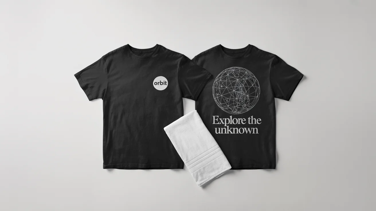 A product mockup displaying the front and back of a black t-shirt. The front has a small logo with the word 'ORBIT', and the back features a large solar system graphic with the text 'EXPLORE THE UNKNOWN'.