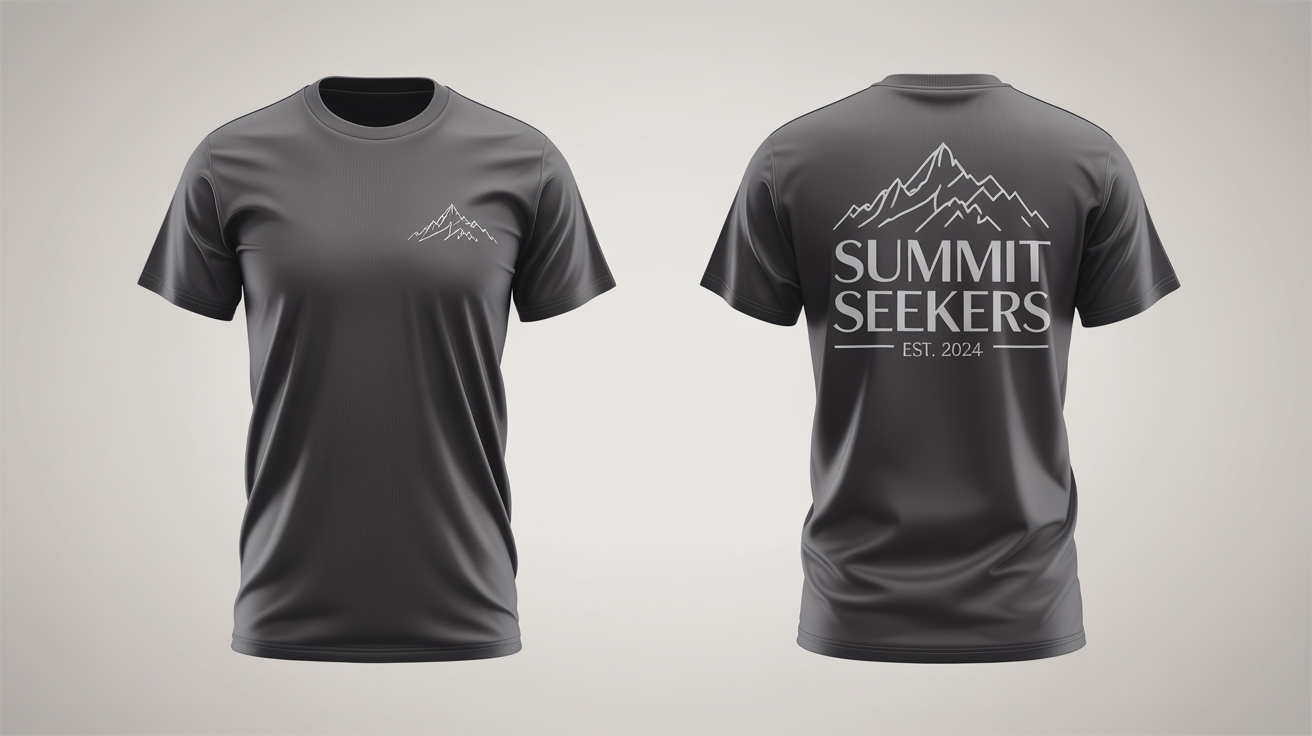 A photorealistic mockup showing the front and back of a charcoal grey t-shirt against a white background. The front has a small mountain logo on the chest, and the back has a large mountain graphic with the text 'SUMMIT SEEKERS EST. 2024'.