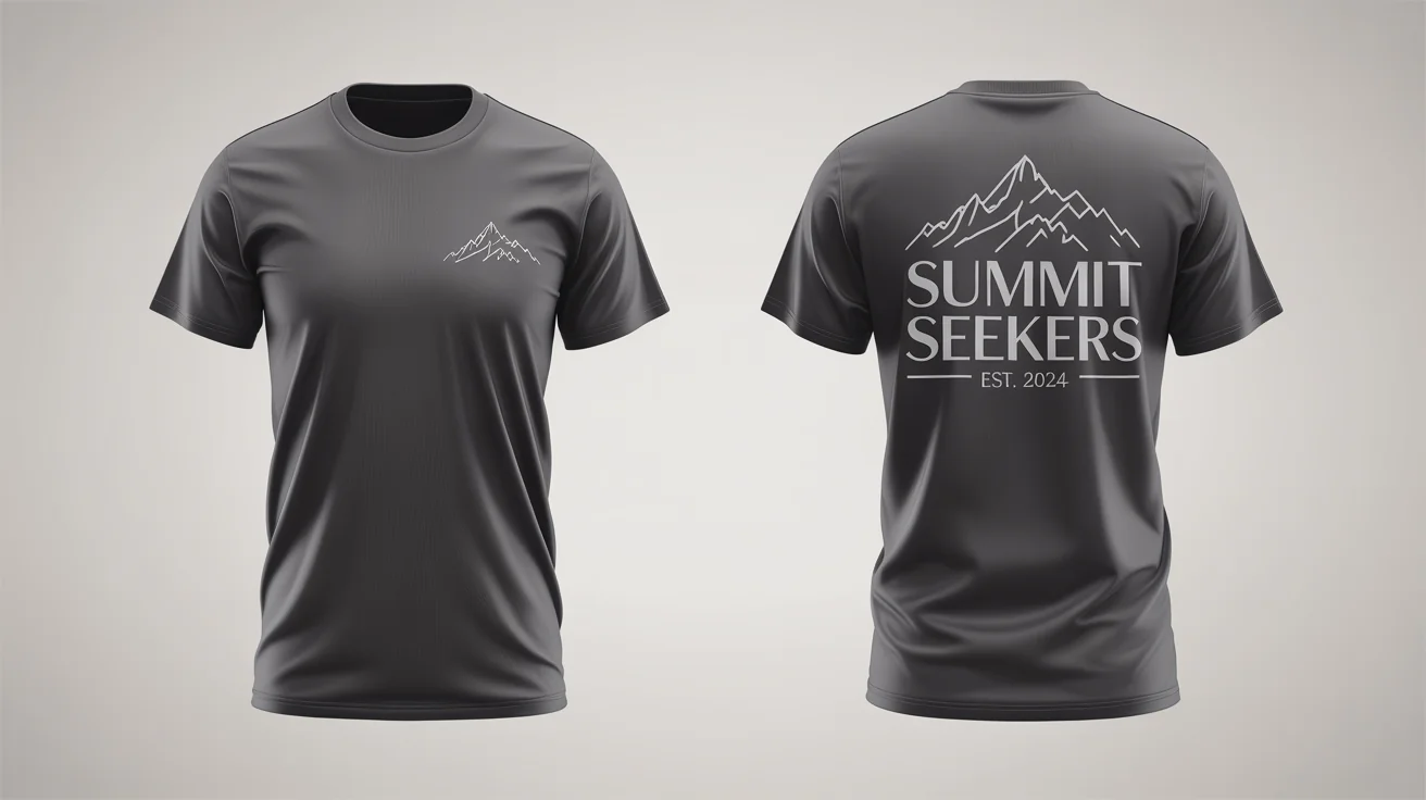 A photorealistic mockup showing the front and back of a charcoal grey t-shirt against a white background. The front has a small mountain logo on the chest, and the back has a large mountain graphic with the text 'SUMMIT SEEKERS EST. 2024'.