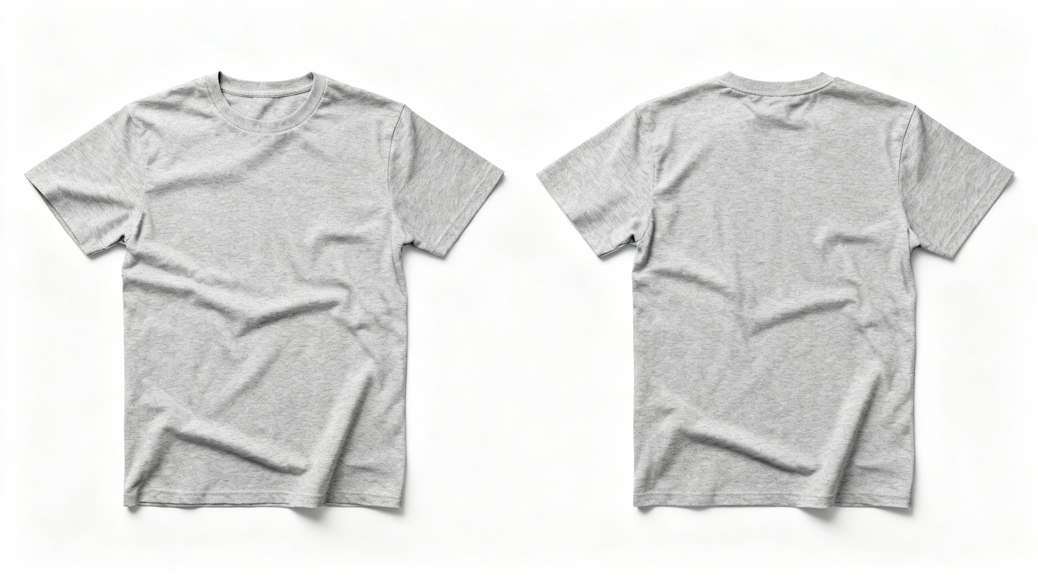 A photorealistic mockup of a heather grey t-shirt showing both the front and back views, laid flat side-by-side on a clean white background.