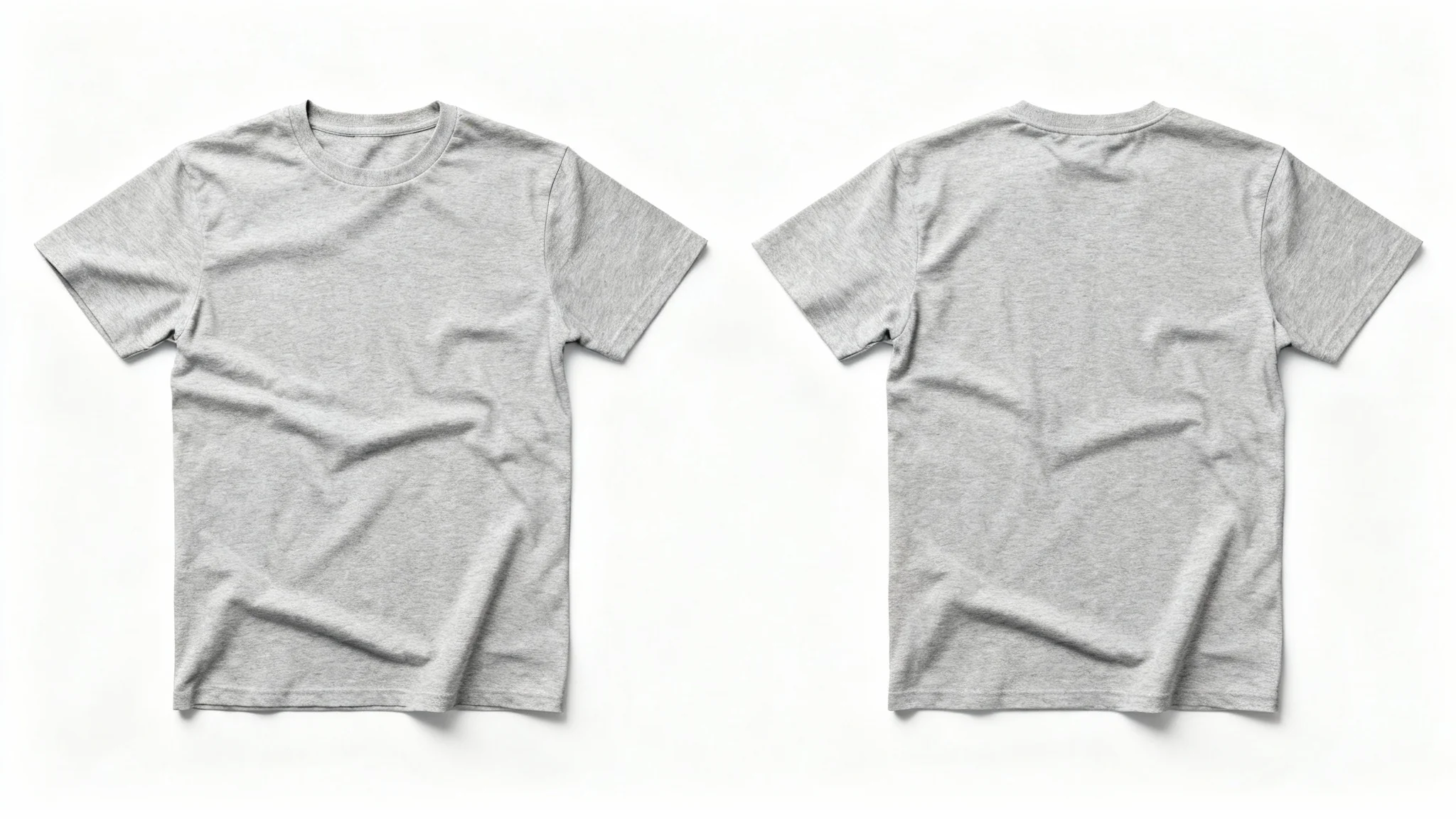 A photorealistic mockup of a heather grey t-shirt showing both the front and back views, laid flat side-by-side on a clean white background.