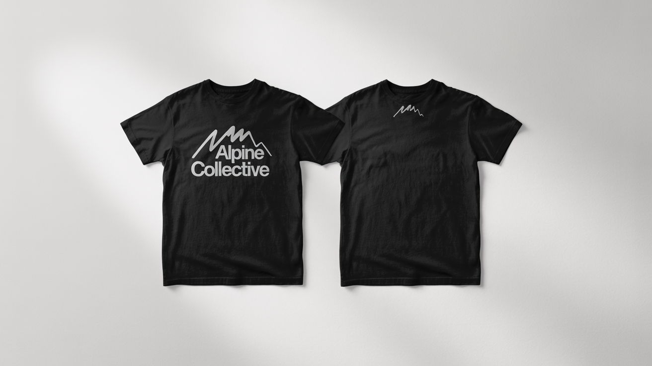 A photorealistic mockup showing the front and back of a black t-shirt with a white 'Alpine Collective' mountain logo, displayed flat on a white background.
