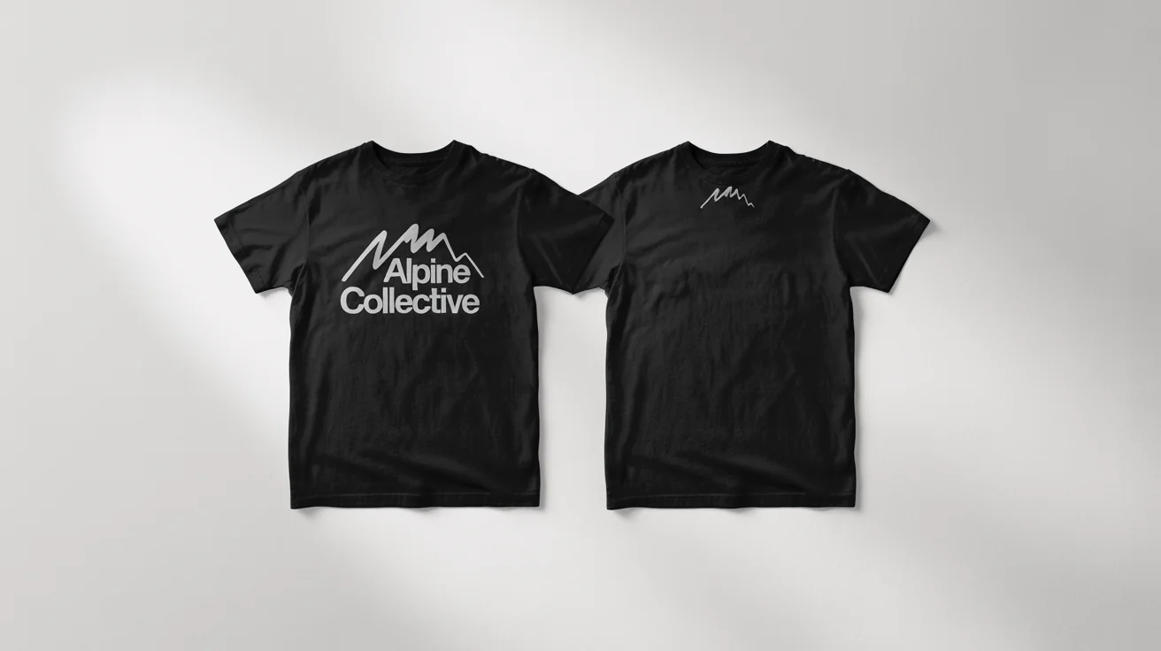 A photorealistic mockup showing the front and back of a black t-shirt with a white 'Alpine Collective' mountain logo, displayed flat on a white background.