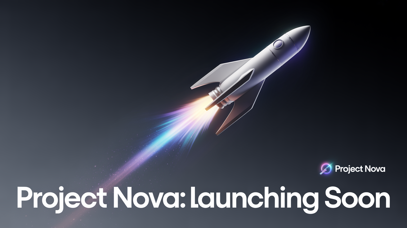 A professional digital graphic for a product launch called 'Project Nova', featuring a sleek white rocket ascending against a dark, futuristic background.