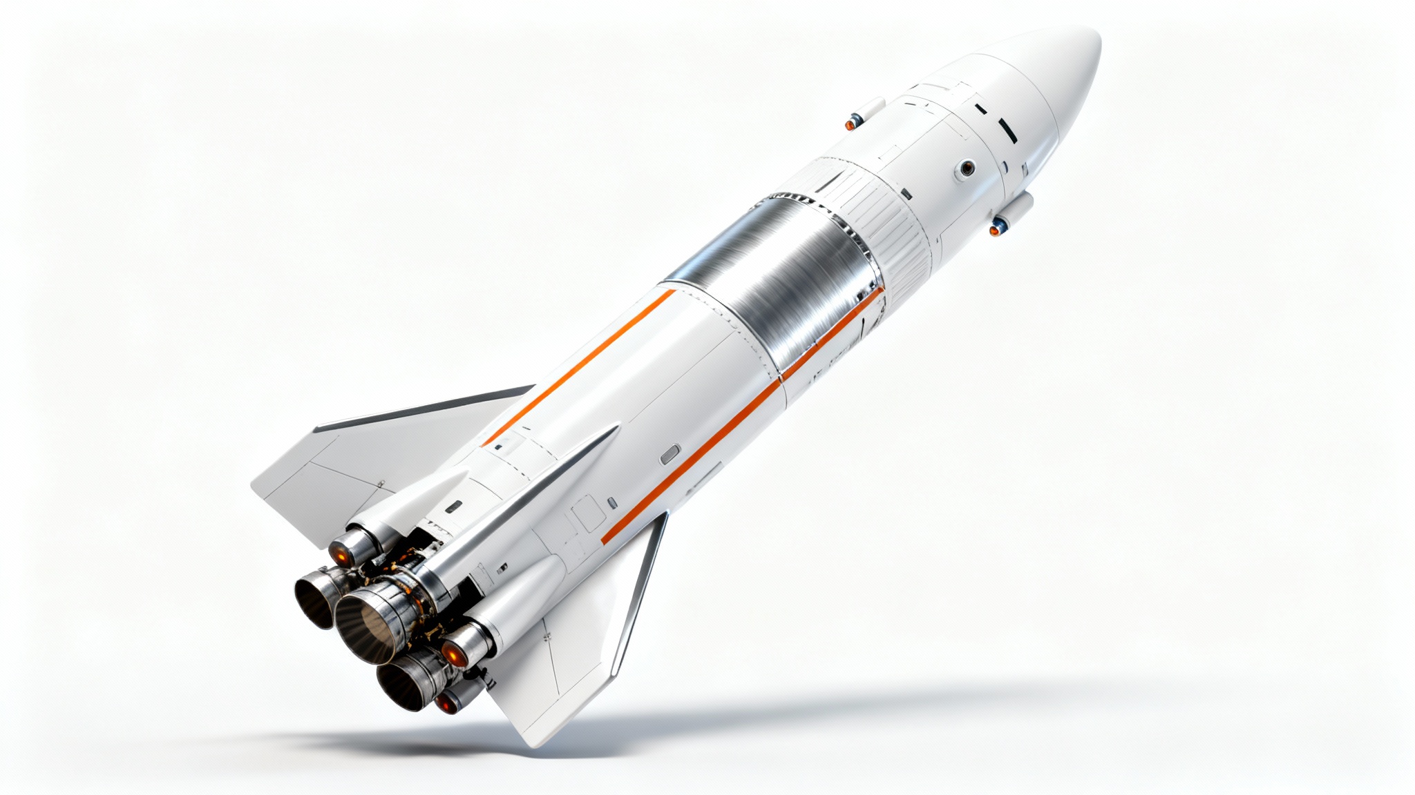 A photorealistic mockup of a sleek, futuristic white and silver rocket with orange accents, poised as if for launch against a solid white background.