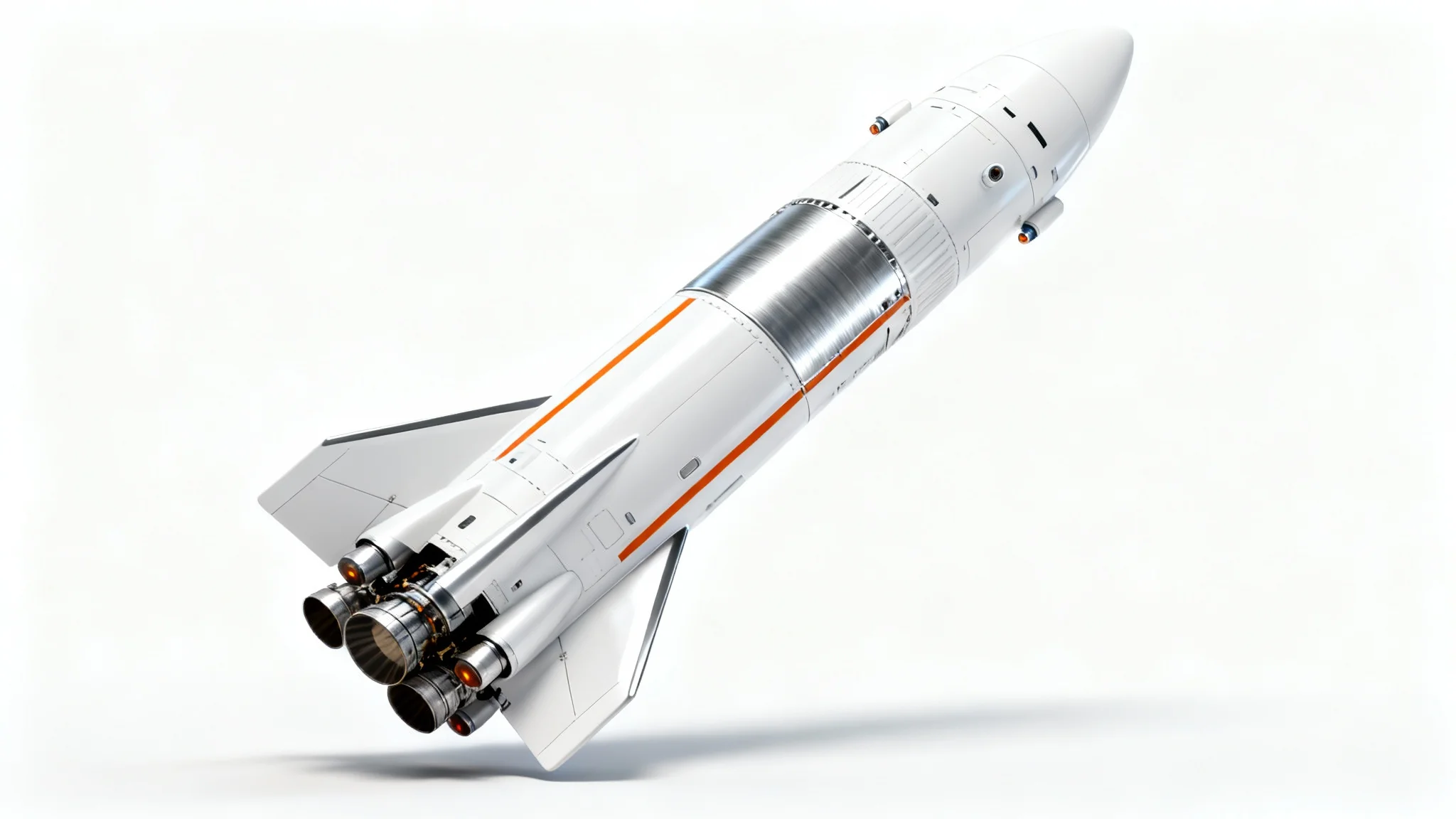 A photorealistic mockup of a sleek, futuristic white and silver rocket with orange accents, poised as if for launch against a solid white background.