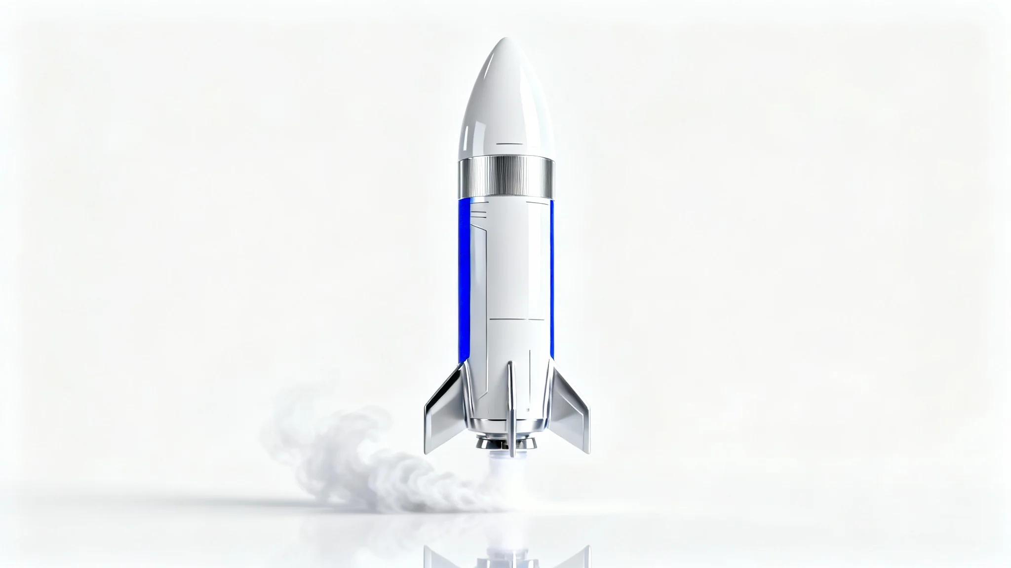 A sleek, futuristic white and silver rocket shown in a minimalist studio setting against a pure white background, ready for launch.