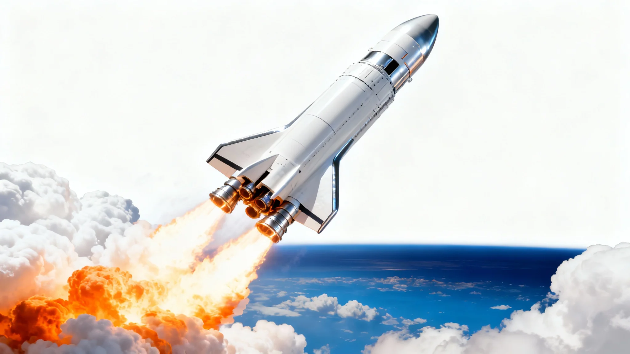 A sleek, modern rocket powerfully launching skyward, breaking through the clouds with a fiery trail, set against a clean white background.