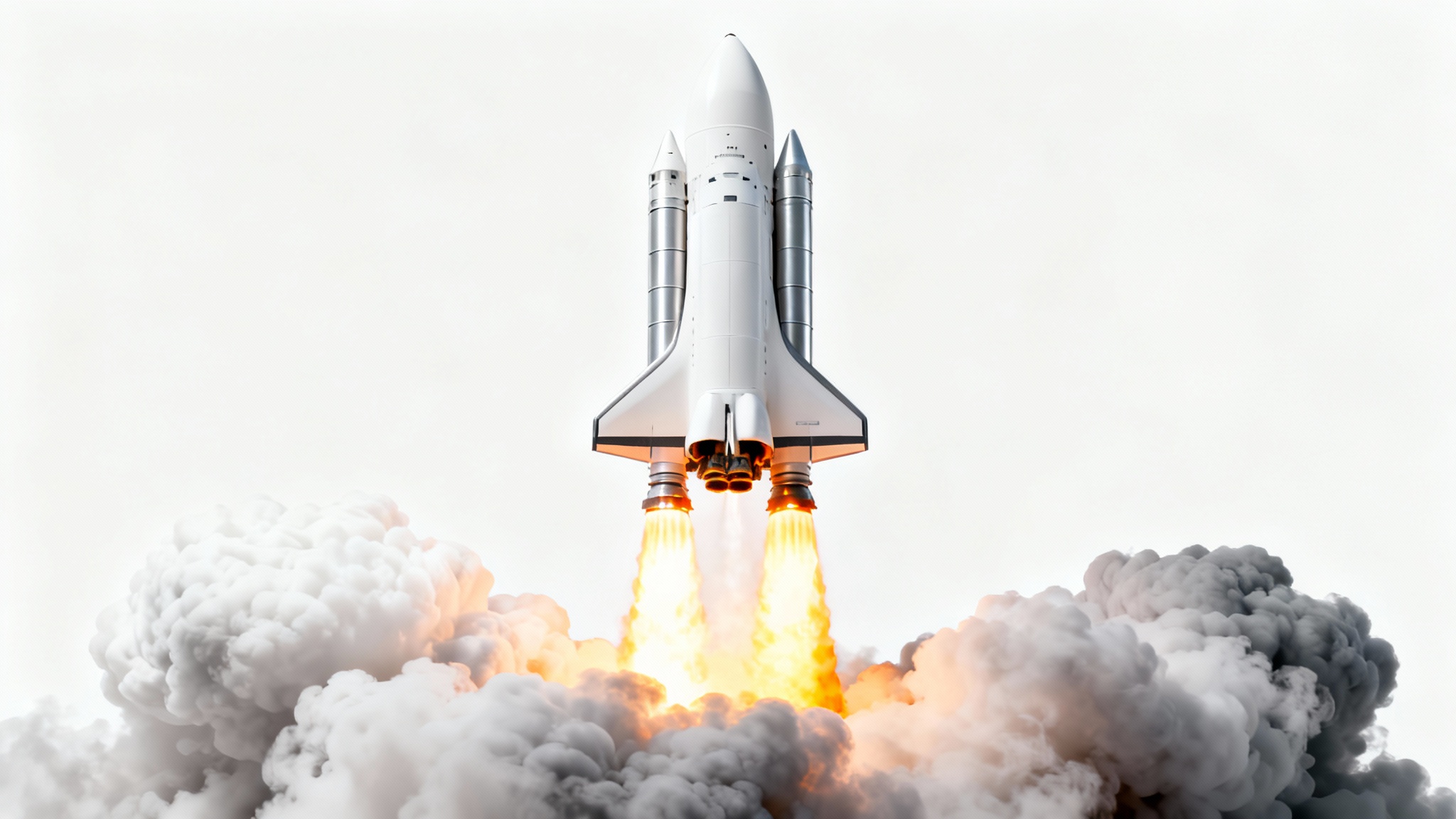 A sleek, modern rocket launching upwards with bright engine flames and billowing clouds of smoke, set against a clean white background.