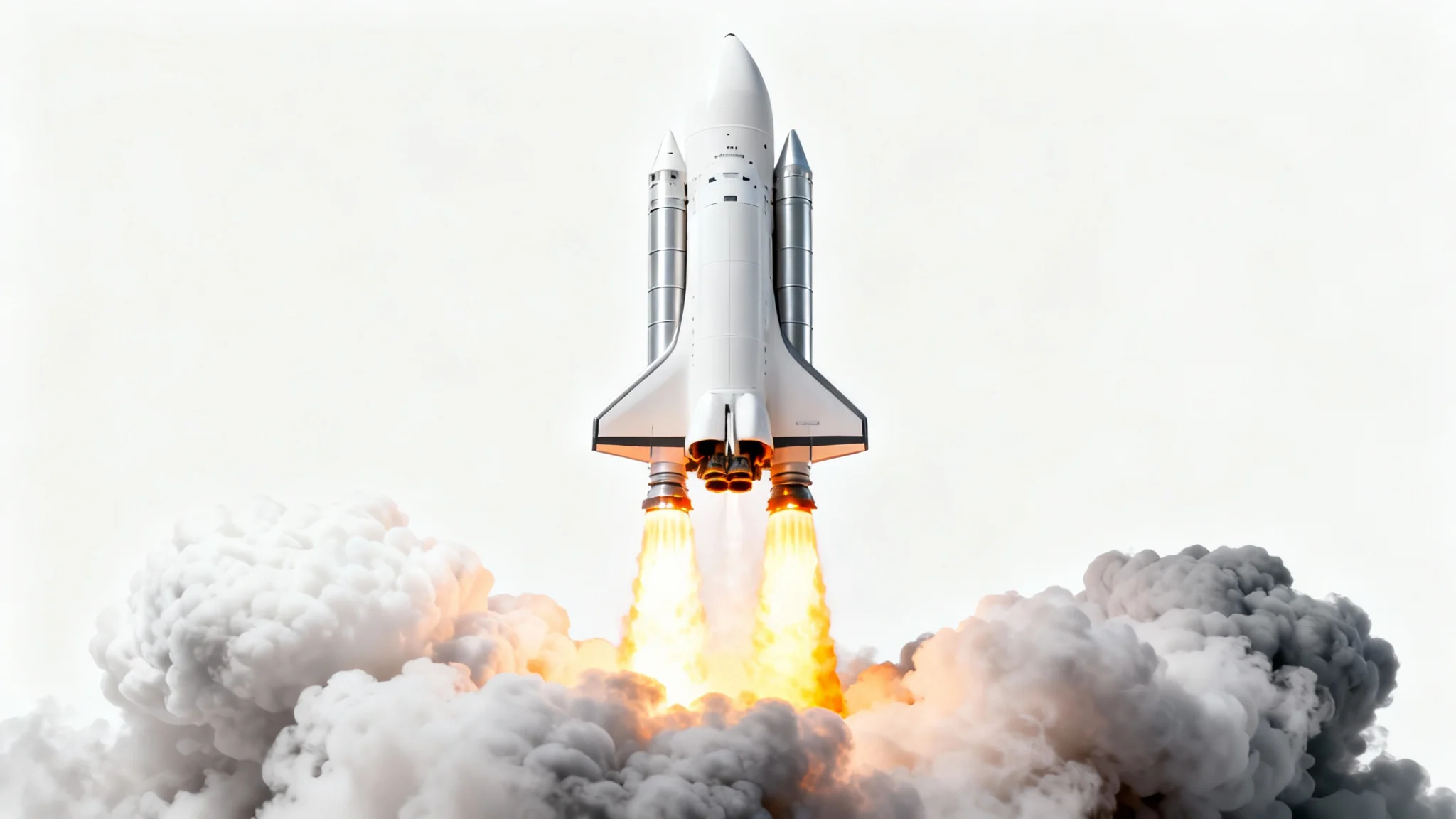 A sleek, modern rocket launching upwards with bright engine flames and billowing clouds of smoke, set against a clean white background.