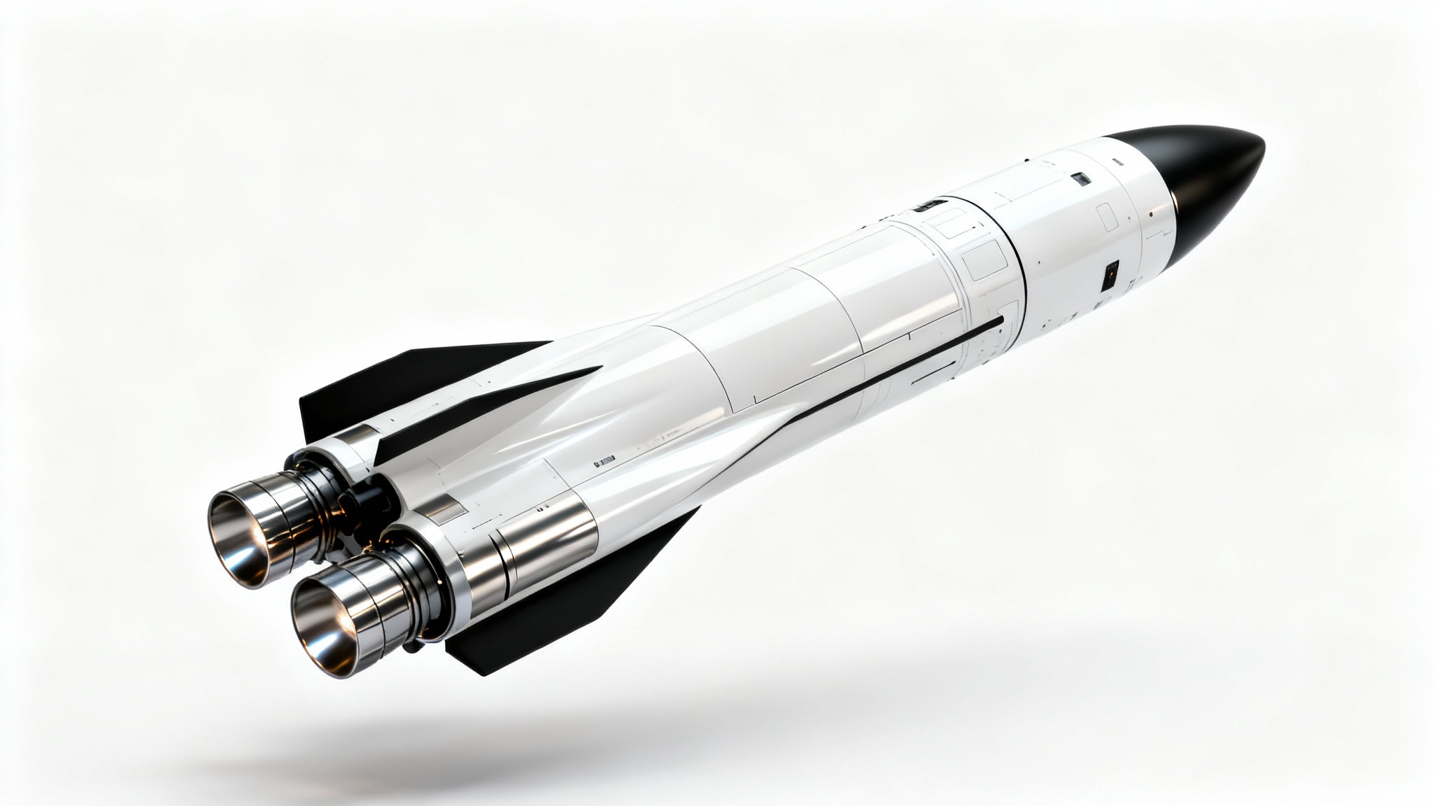 A photorealistic mockup of a modern, sleek white rocket with metallic accents, positioned against a clean white background in a studio lighting setup.