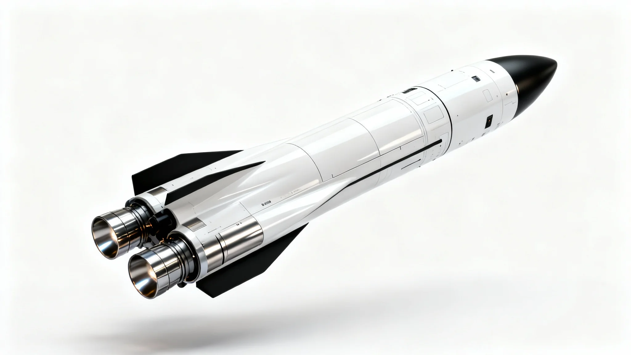 A photorealistic mockup of a modern, sleek white rocket with metallic accents, positioned against a clean white background in a studio lighting setup.