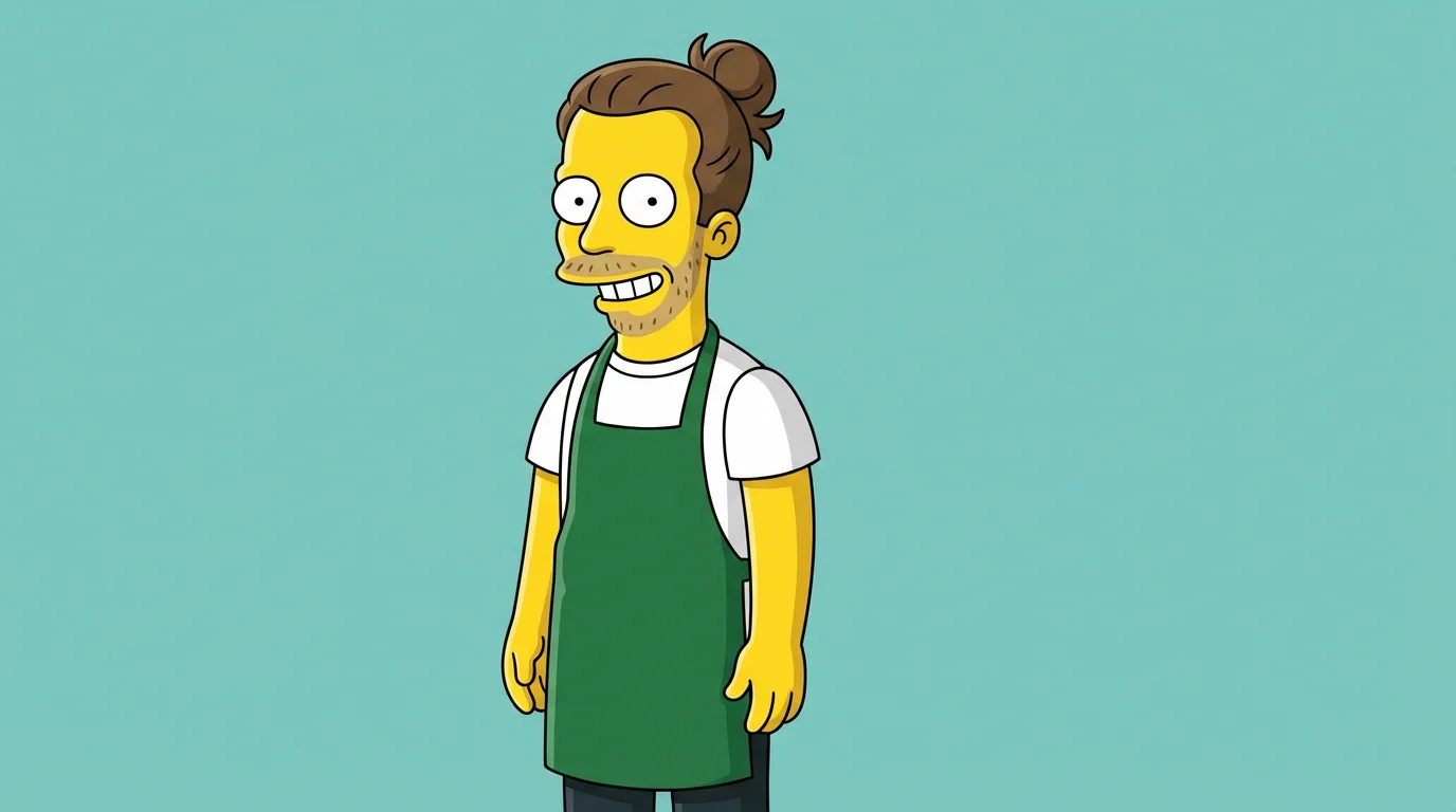 A male character in the style of The Simpsons, with yellow skin and a man-bun, wearing a green barista apron against a light teal background.