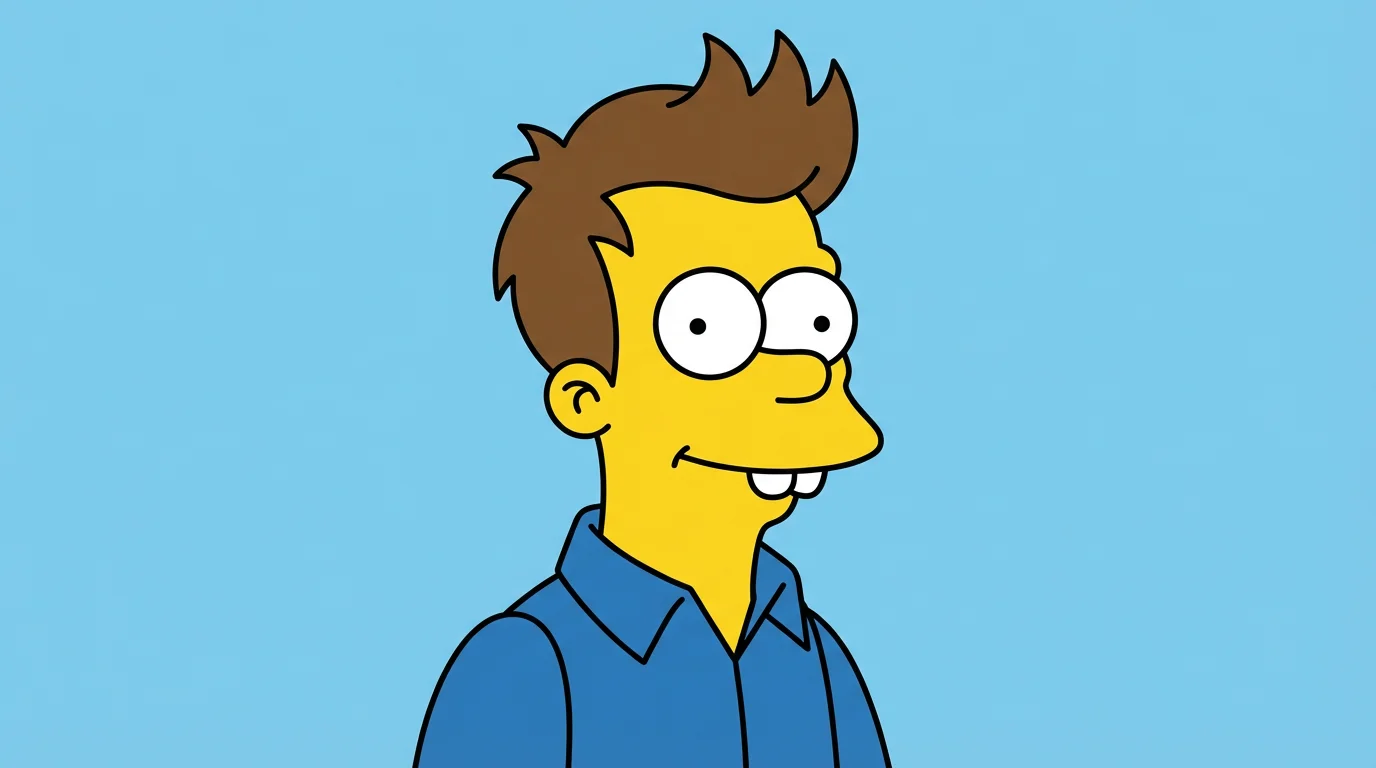 A cartoon character of a man with yellow skin and spiky brown hair, created in the style of The Simpsons, shown from the chest up against a solid blue background.