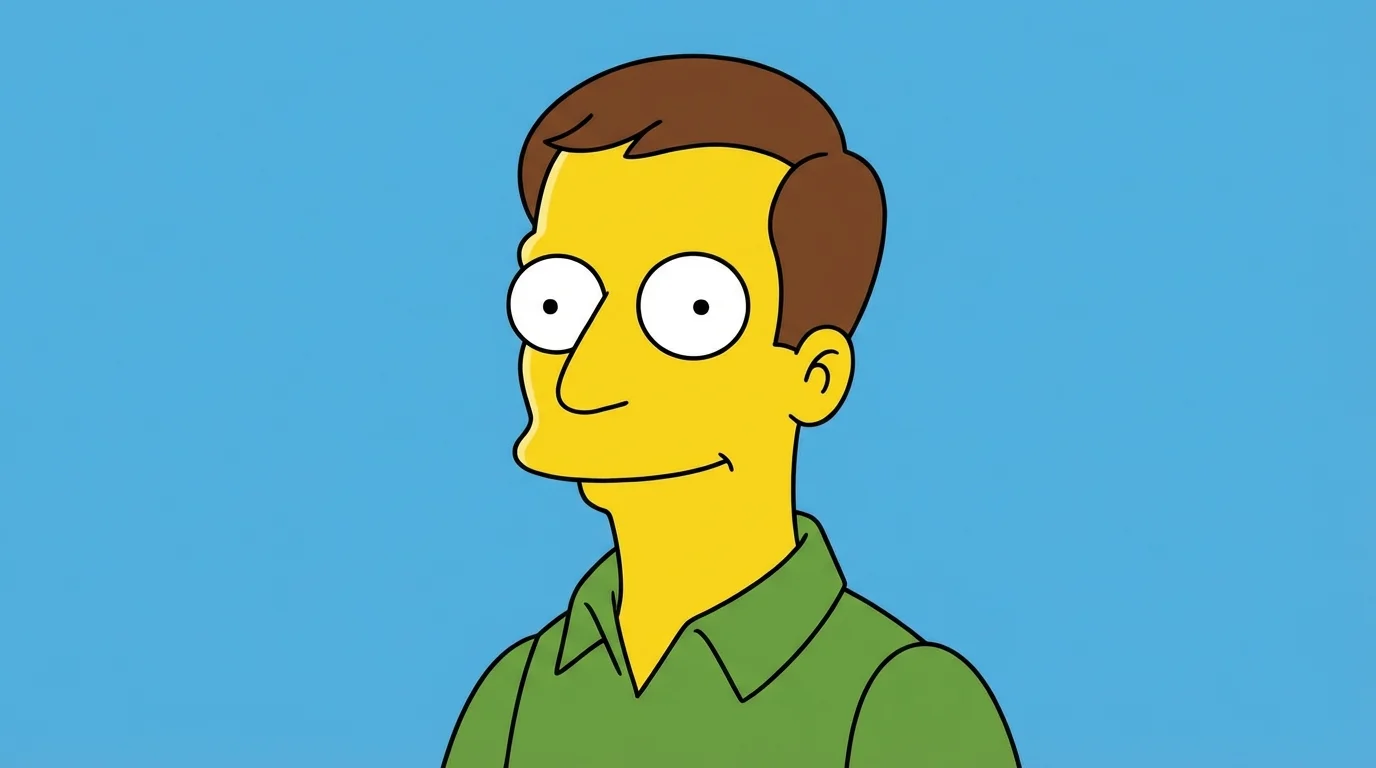 A cartoon man created in the animation style of The Simpsons, with yellow skin, brown hair, and a green shirt, set against a solid blue background.