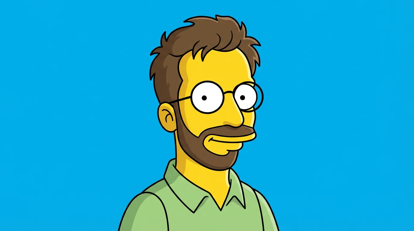 A cartoon character created in the style of The Simpsons, showing a man with yellow skin, a beard, and glasses against a blue background.