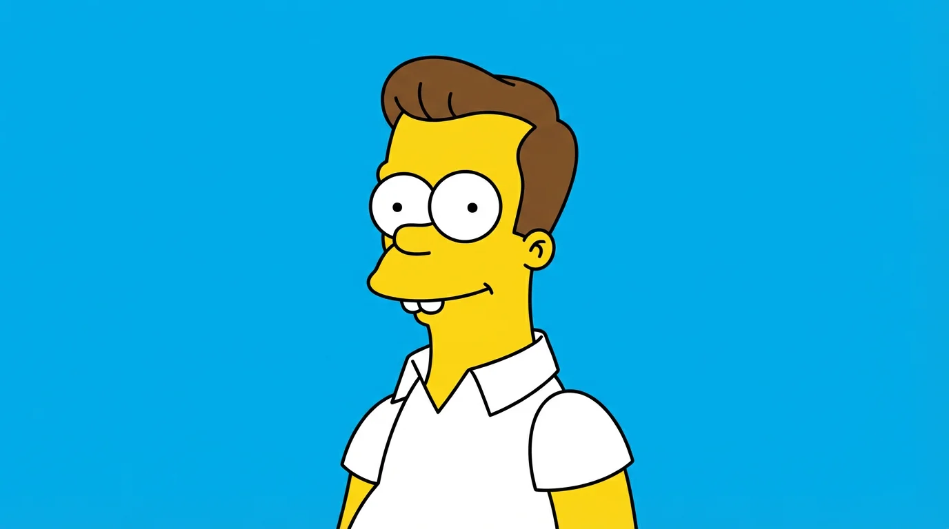 A cartoon character with yellow skin and a white collared shirt, drawn in a classic American animation style, shown from the chest up against a solid blue background.